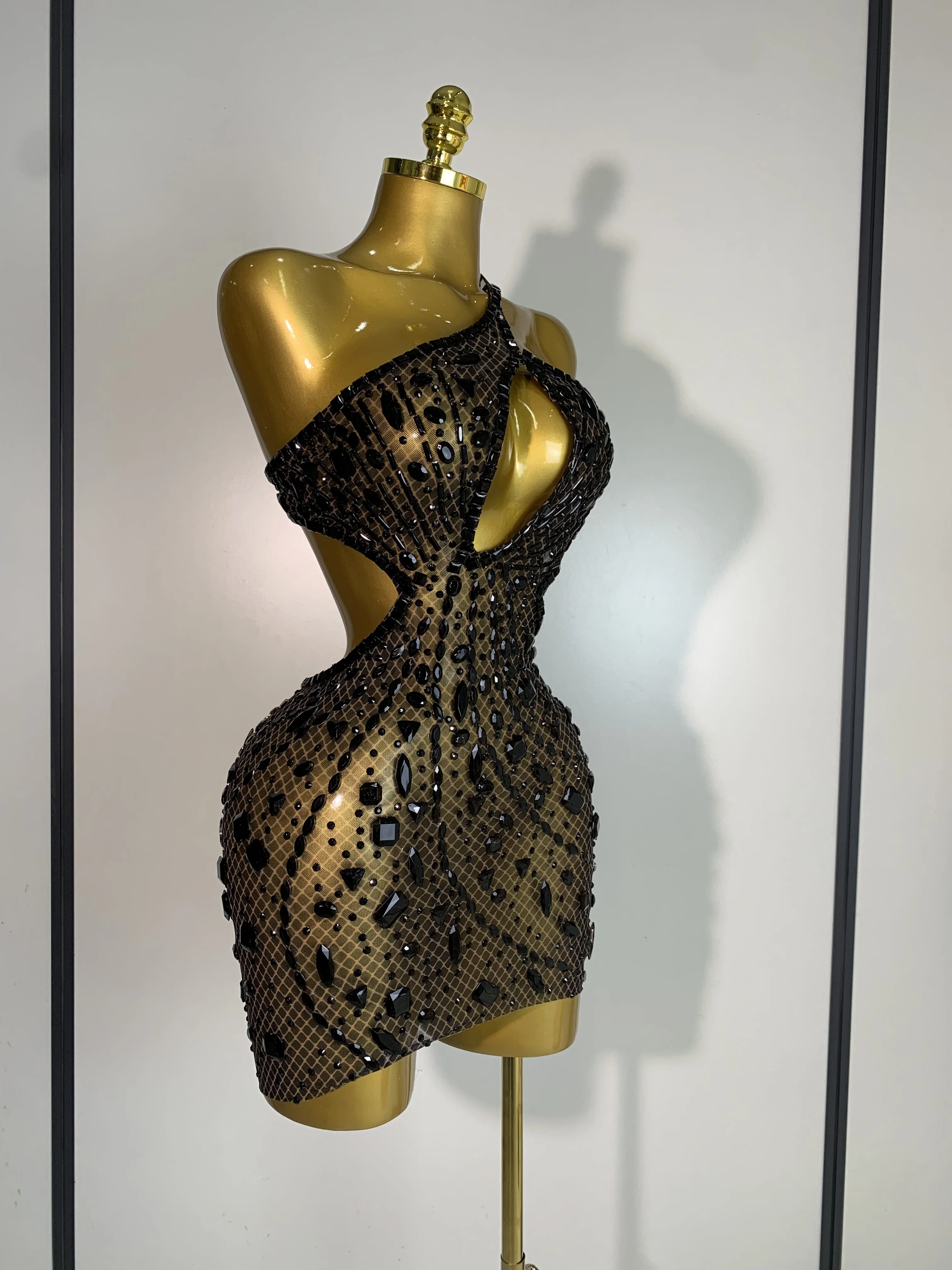 Sexy Sparkly Diamond Backless Short Dress 2025 Women Sleeveless Mesh See Through Evening Birthday Gown Singer Stage Outfit