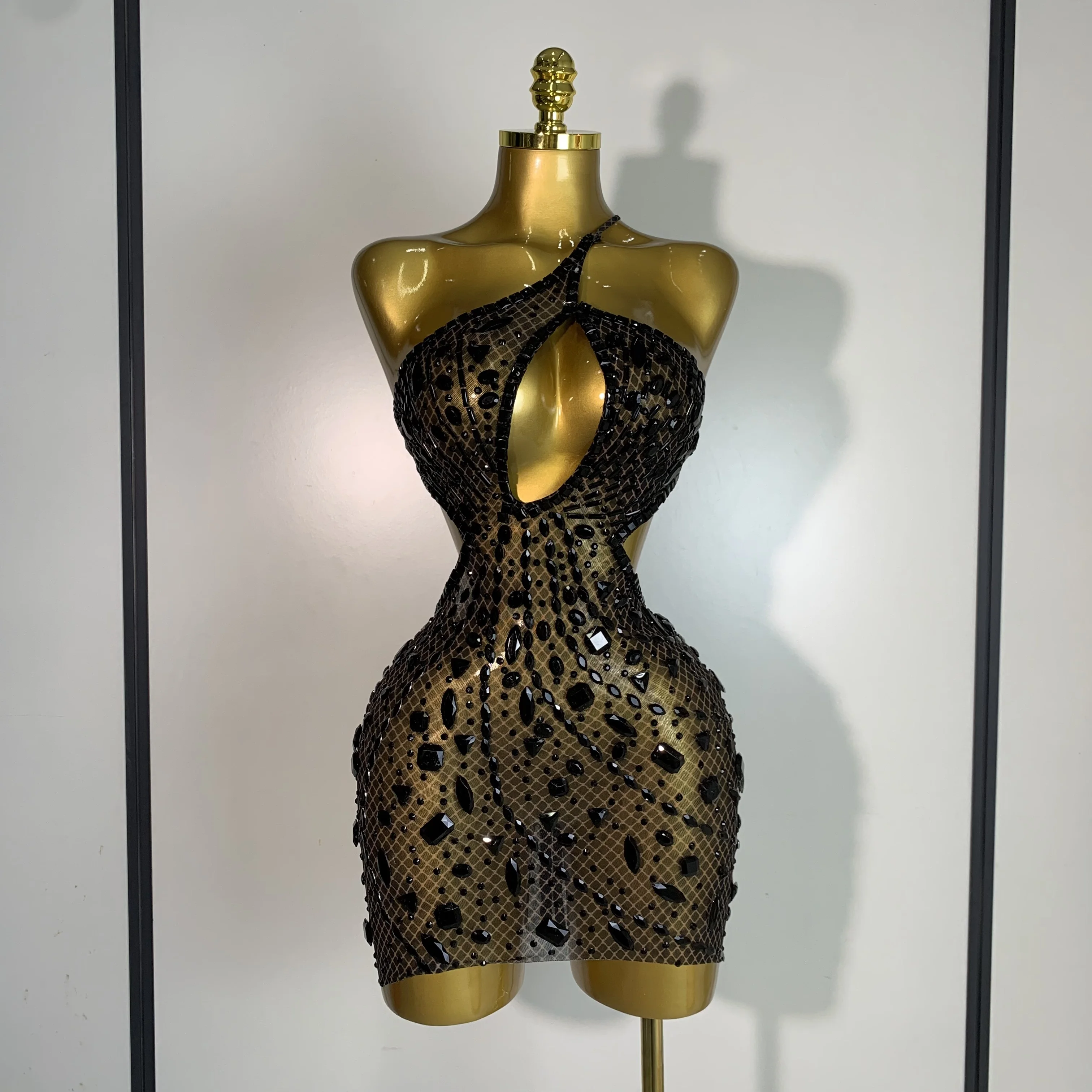 Sexy Sparkly Diamond Backless Short Dress 2025 Women Sleeveless Mesh See Through Evening Birthday Gown Singer Stage Outfit