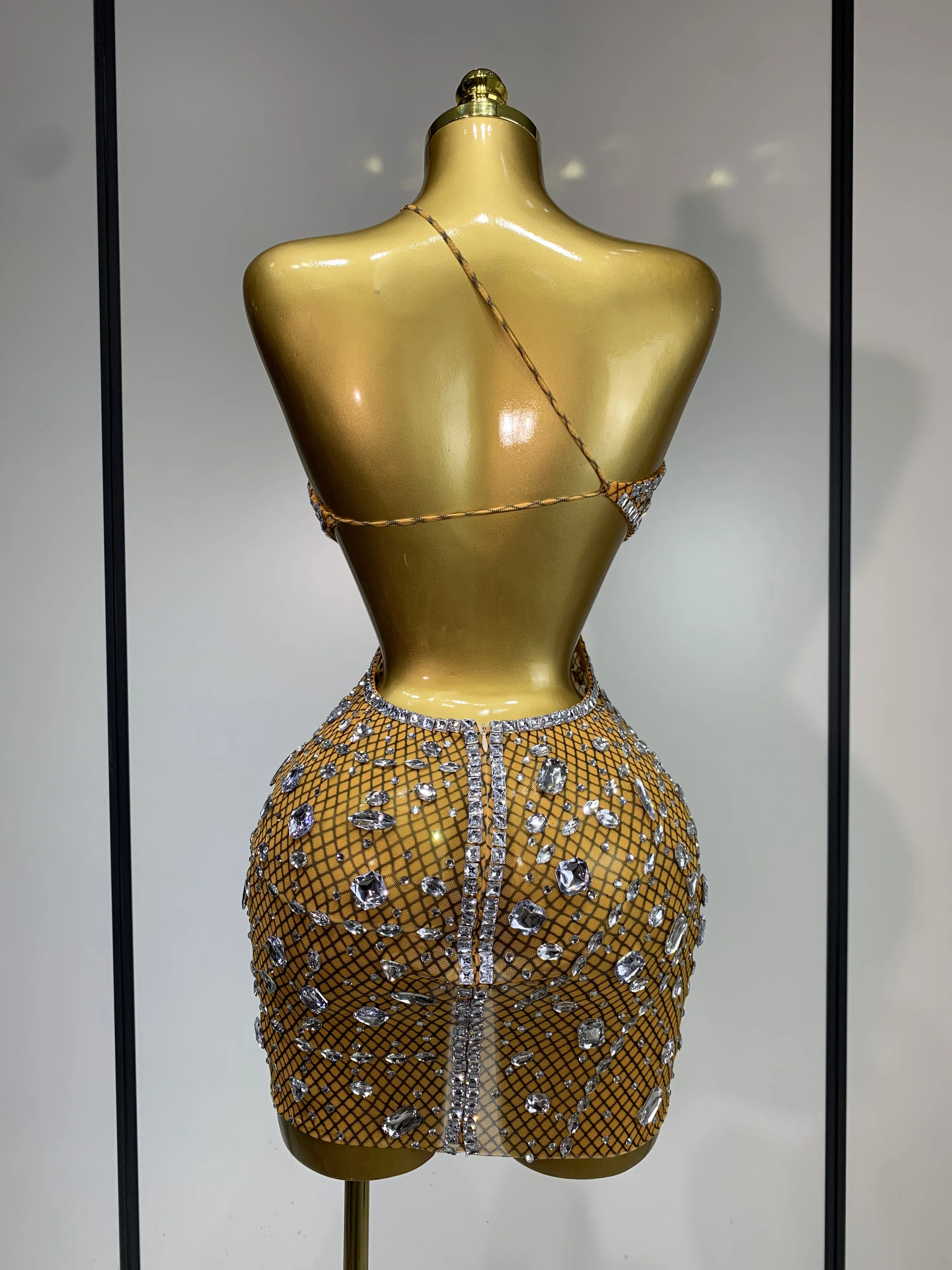 Sexy Sparkly Diamond Backless Short Dress 2025 Women Sleeveless Mesh See Through Evening Birthday Gown Singer Stage Outfit