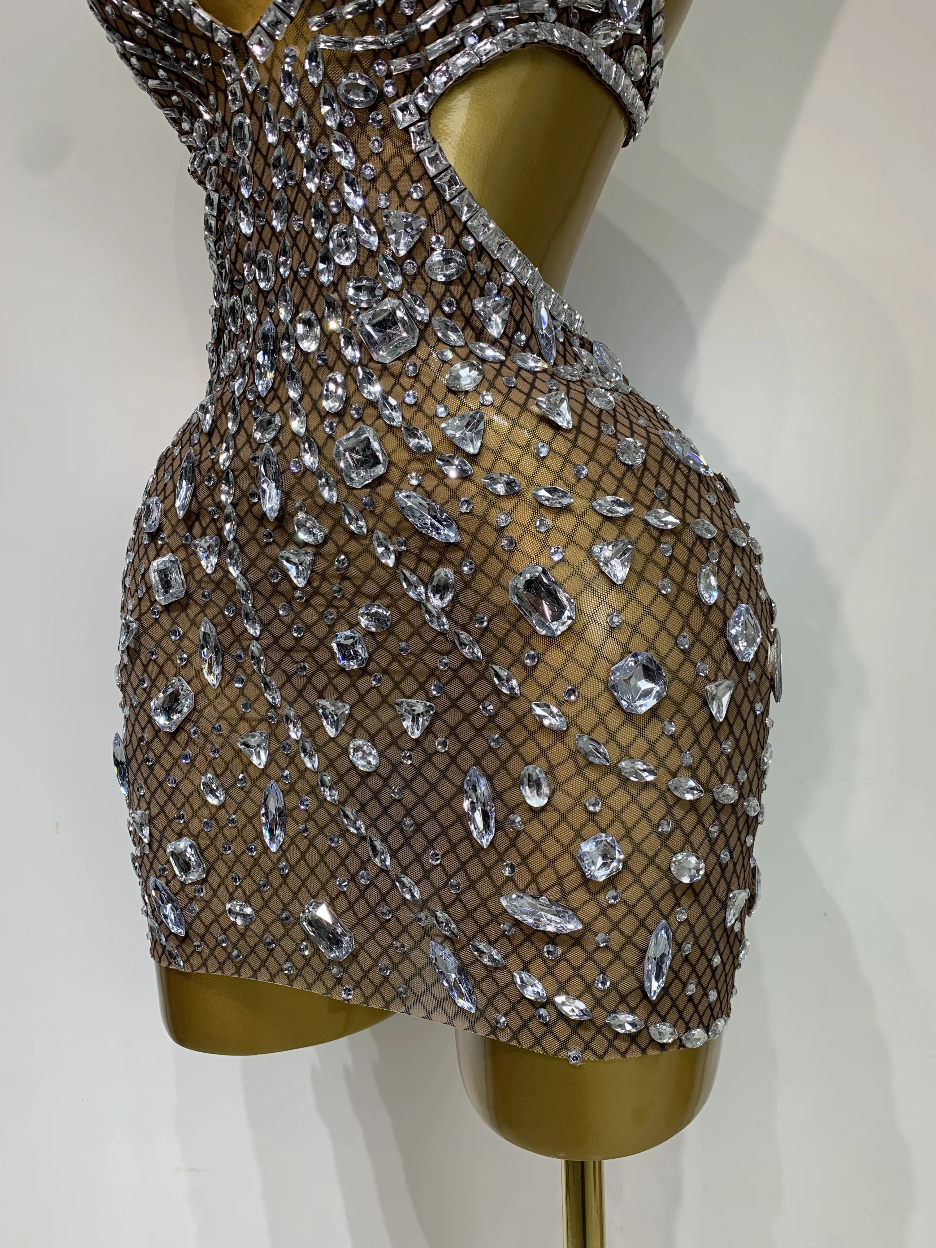 Sexy Sparkly Diamond Backless Short Dress 2025 Women Sleeveless Mesh See Through Evening Birthday Gown Singer Stage Outfit
