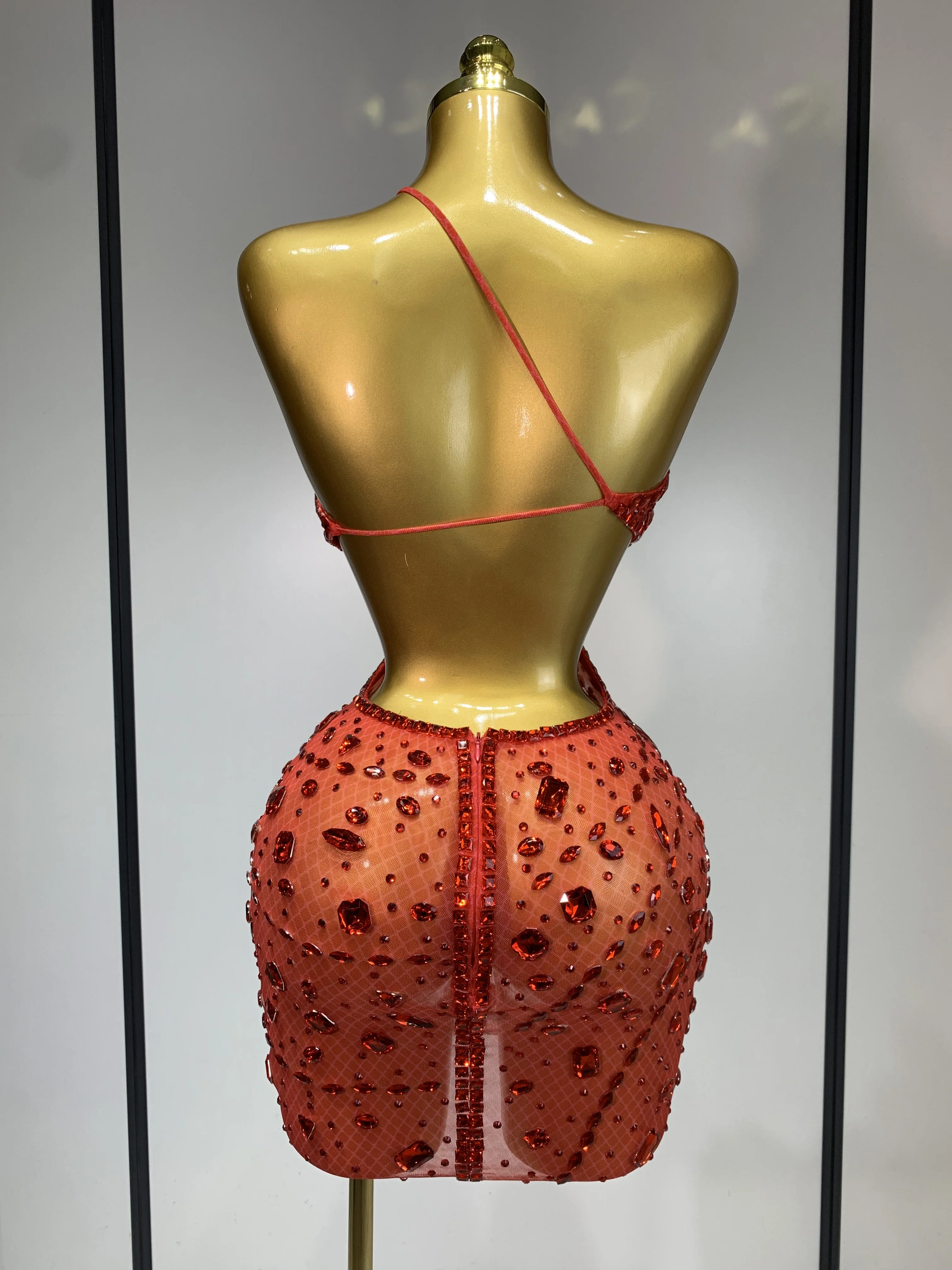 Sexy Sparkly Diamond Backless Short Dress 2025 Women Sleeveless Mesh See Through Evening Birthday Gown Singer Stage Outfit