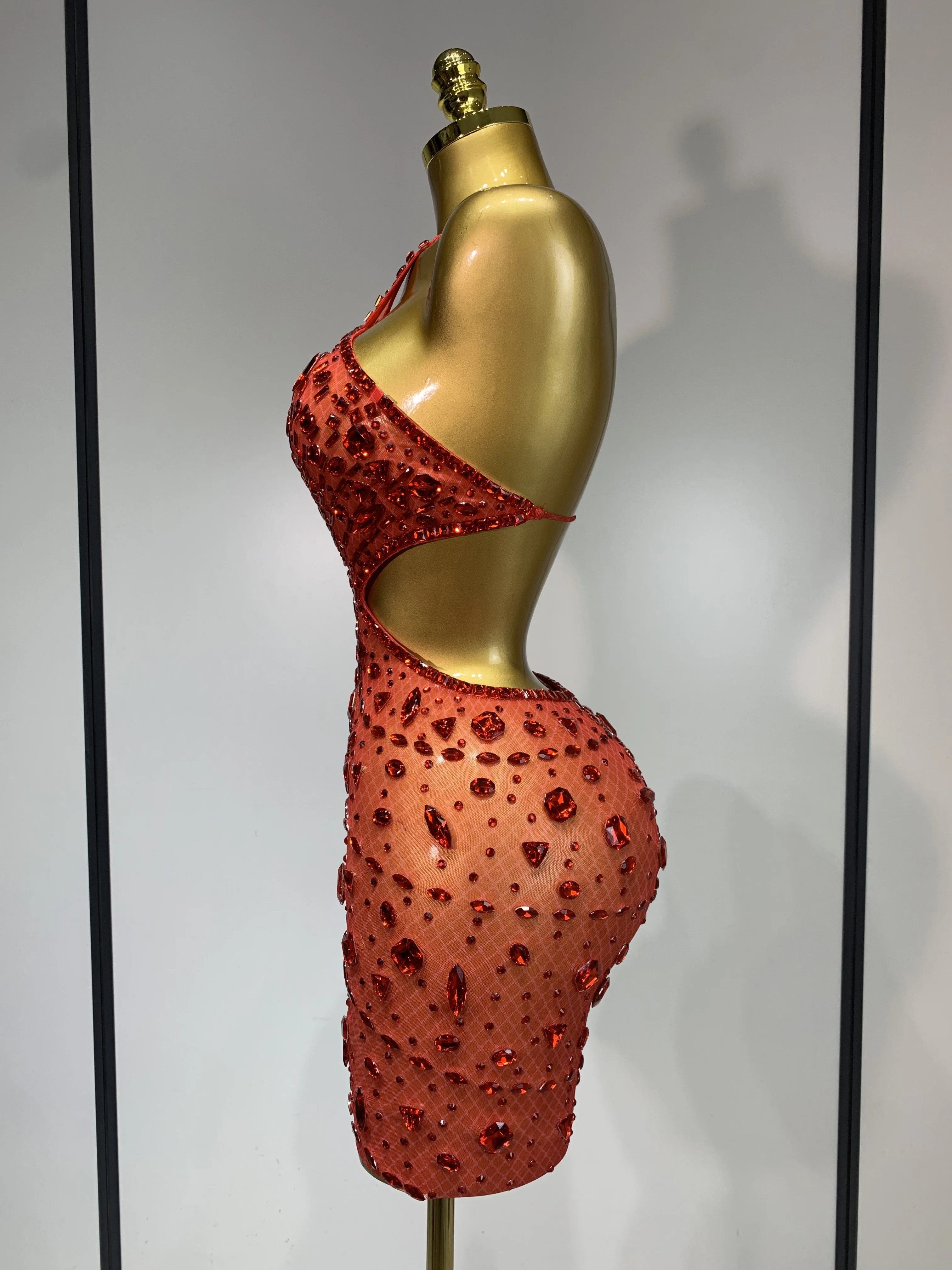 Sexy Sparkly Diamond Backless Short Dress 2025 Women Sleeveless Mesh See Through Evening Birthday Gown Singer Stage Outfit