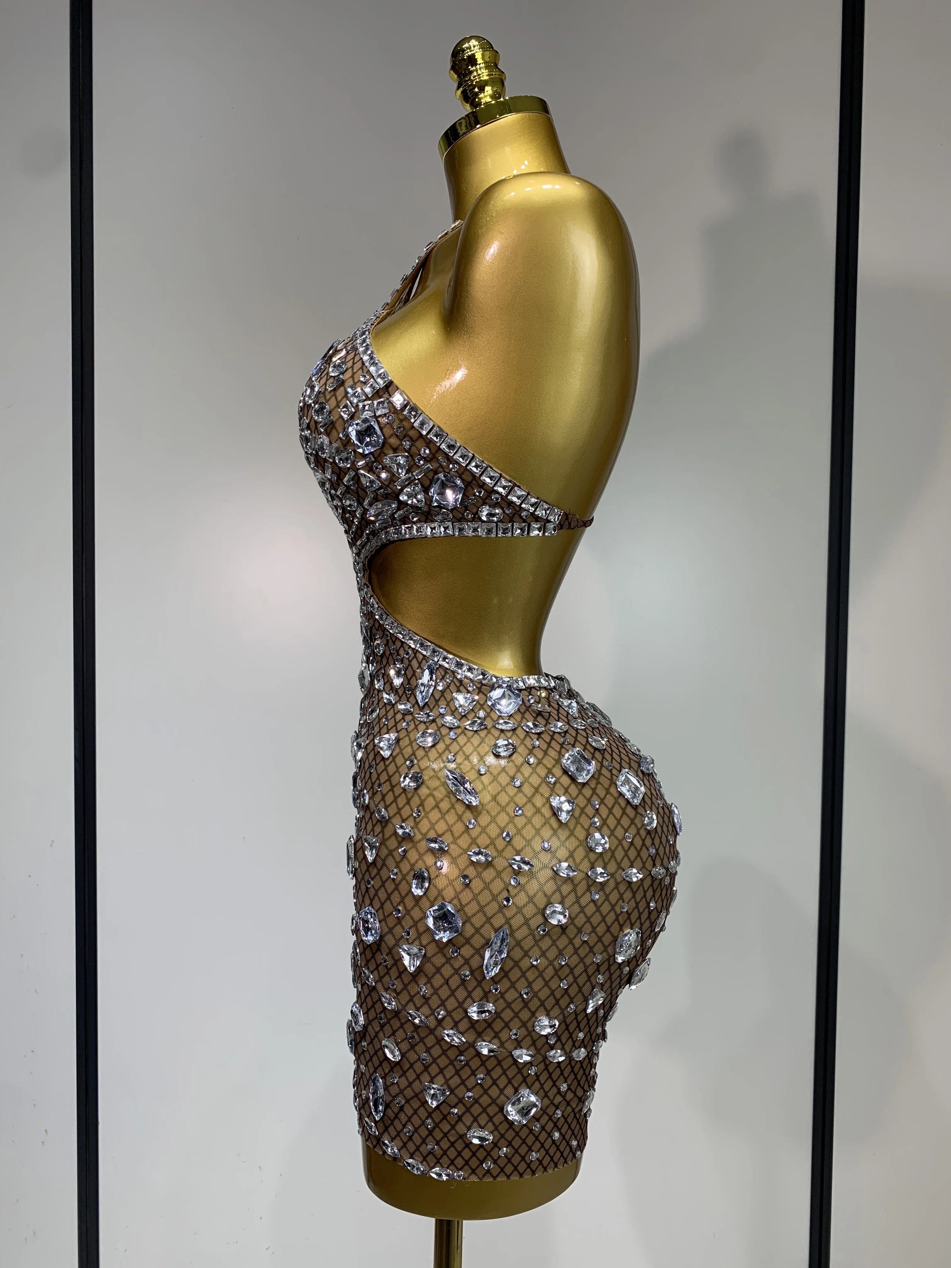 Sexy Sparkly Diamond Backless Short Dress 2025 Women Sleeveless Mesh See Through Evening Birthday Gown Singer Stage Outfit