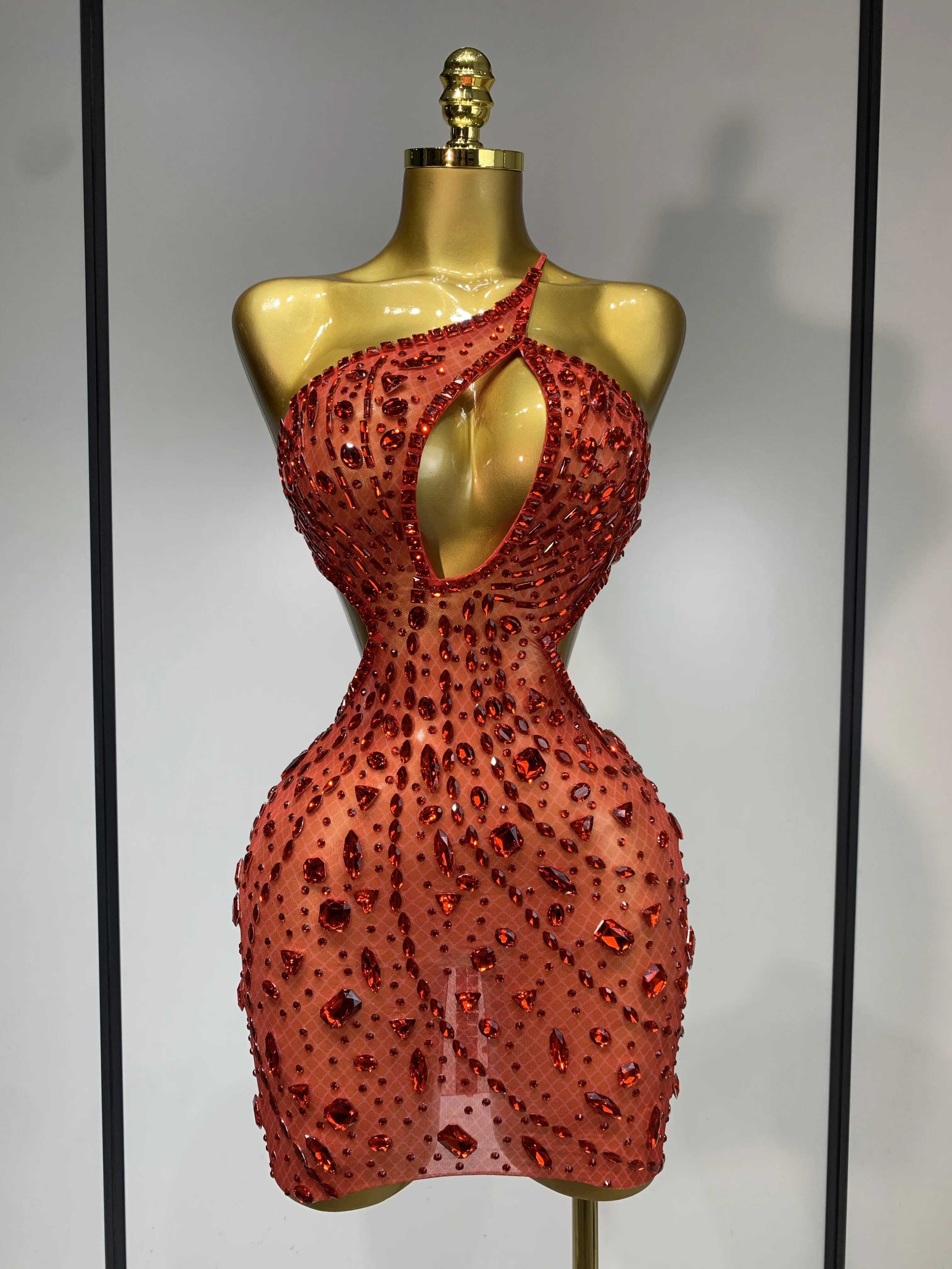 Sexy Sparkly Diamond Backless Short Dress 2025 Women Sleeveless Mesh See Through Evening Birthday Gown Singer Stage Outfit