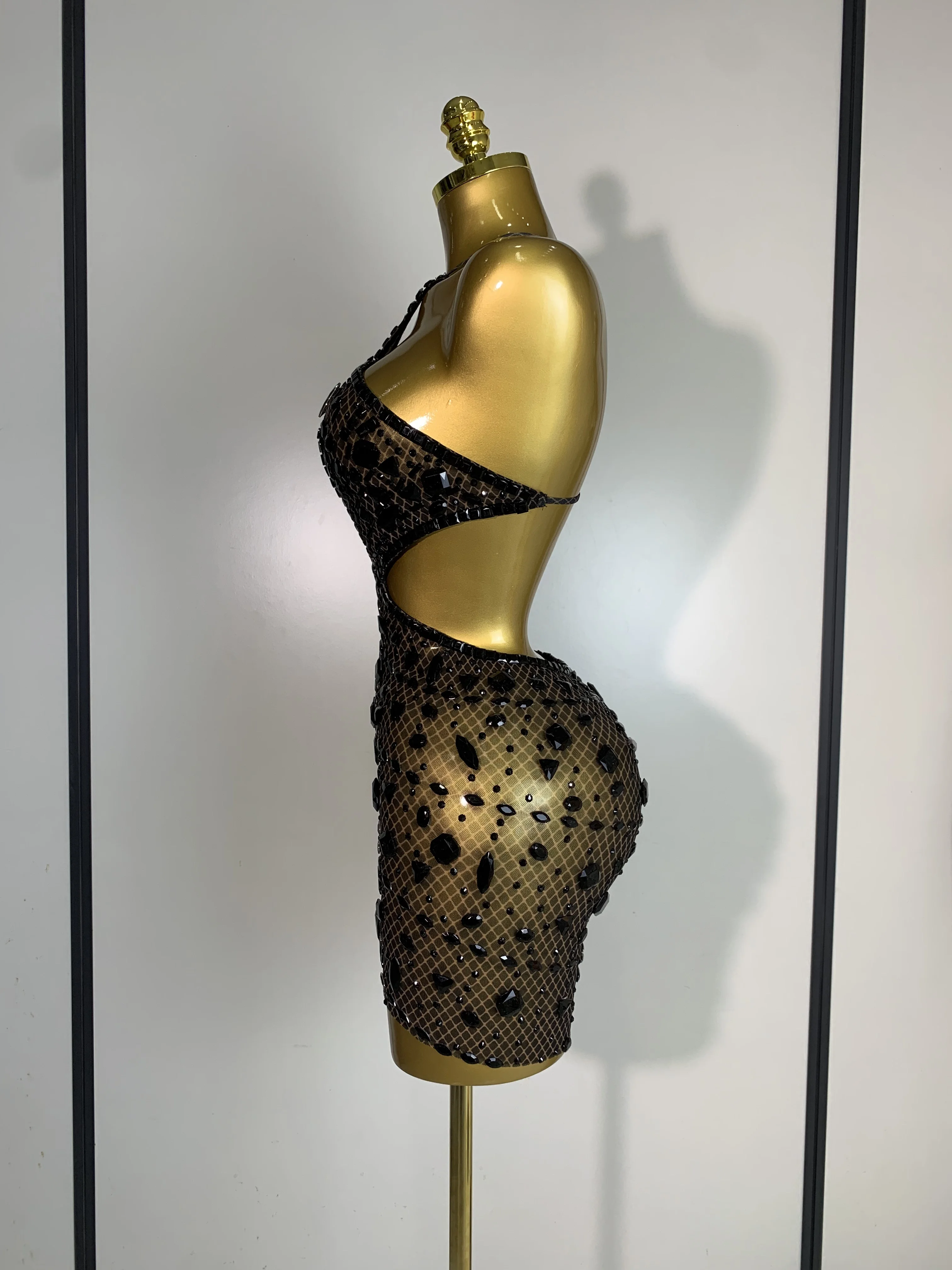 Sexy Sparkly Diamond Backless Short Dress 2025 Women Sleeveless Mesh See Through Evening Birthday Gown Singer Stage Outfit