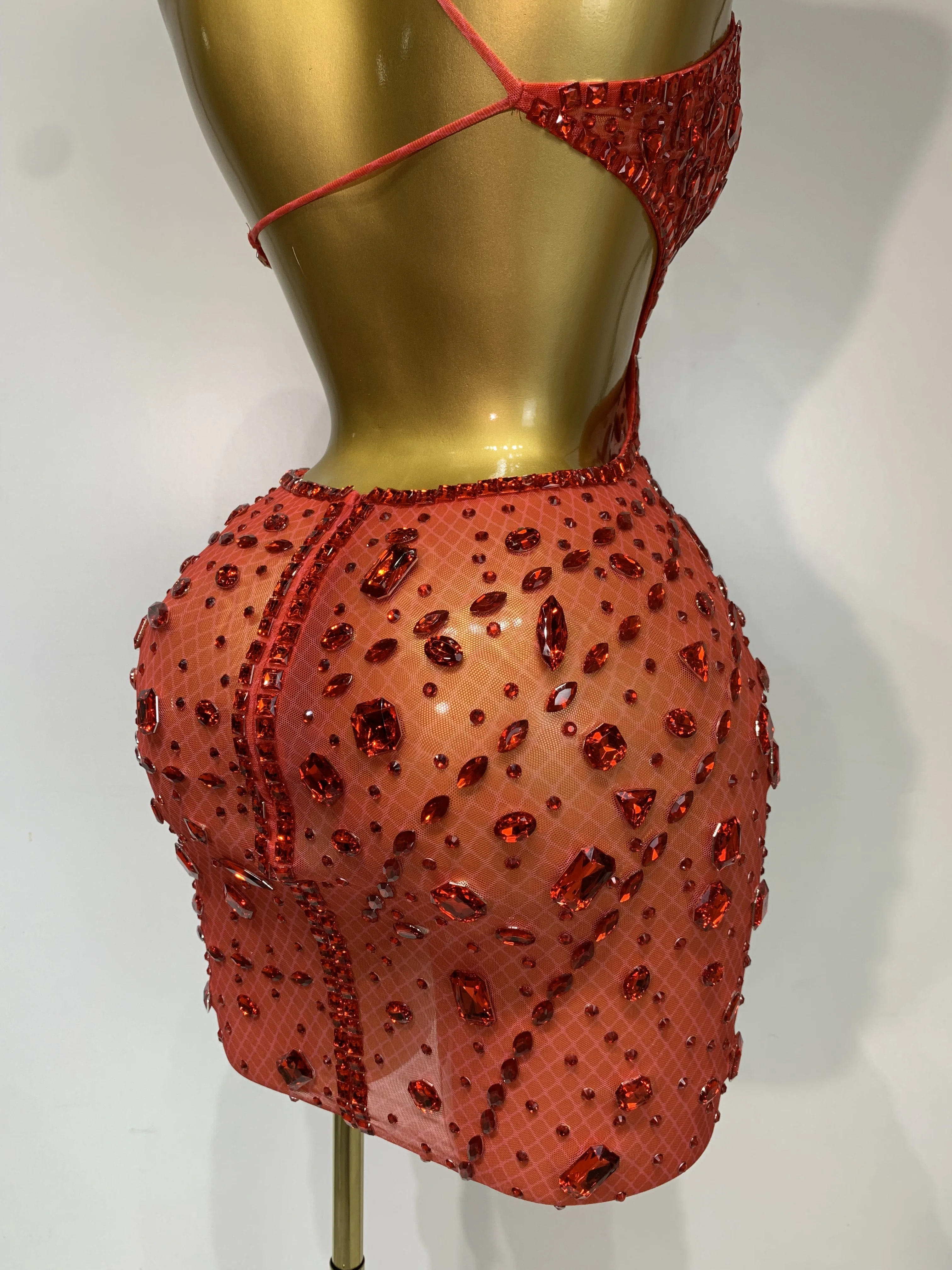 Sexy Sparkly Diamond Backless Short Dress 2025 Women Sleeveless Mesh See Through Evening Birthday Gown Singer Stage Outfit