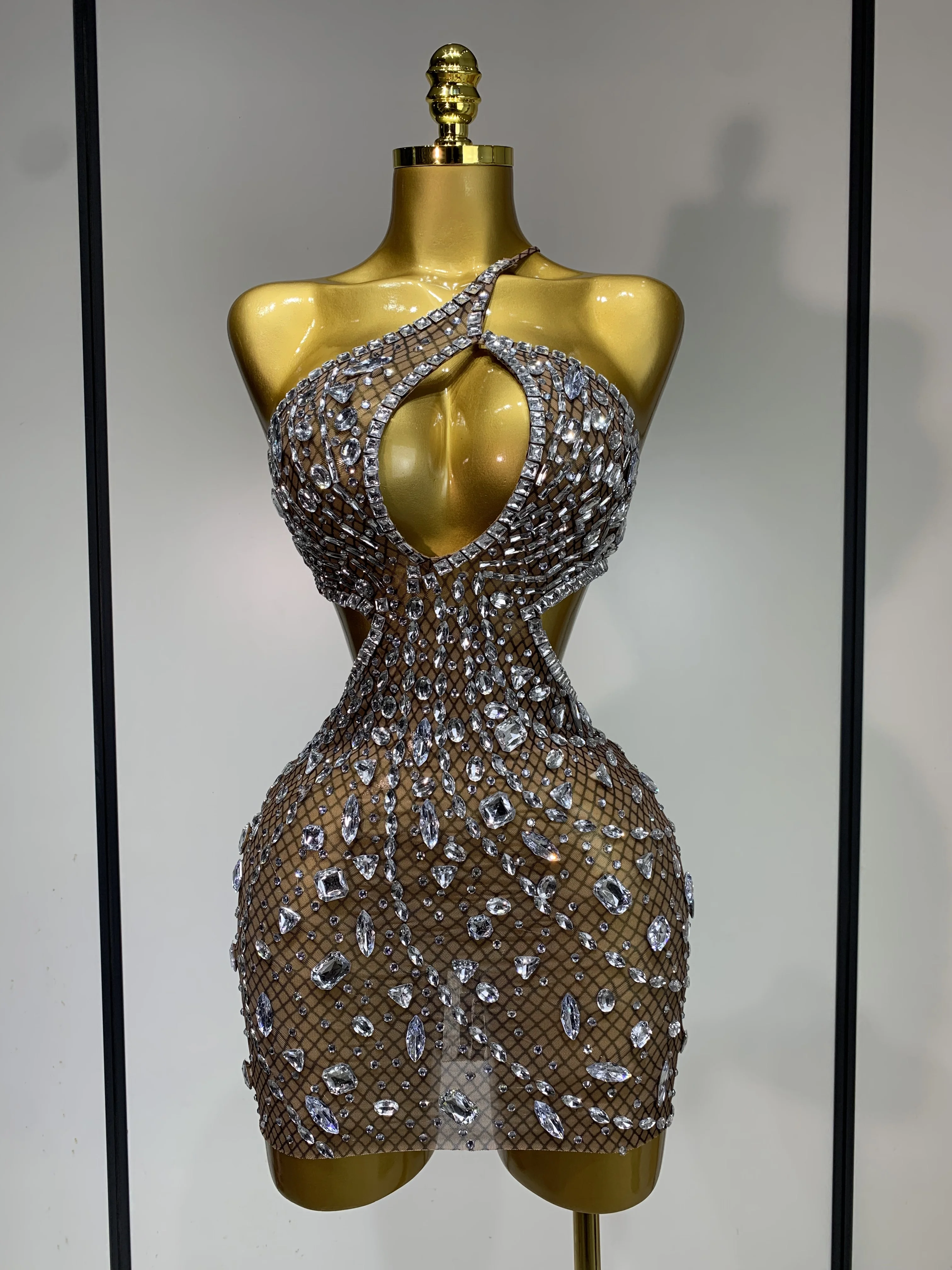 Sexy Sparkly Diamond Backless Short Dress 2025 Women Sleeveless Mesh See Through Evening Birthday Gown Singer Stage Outfit
