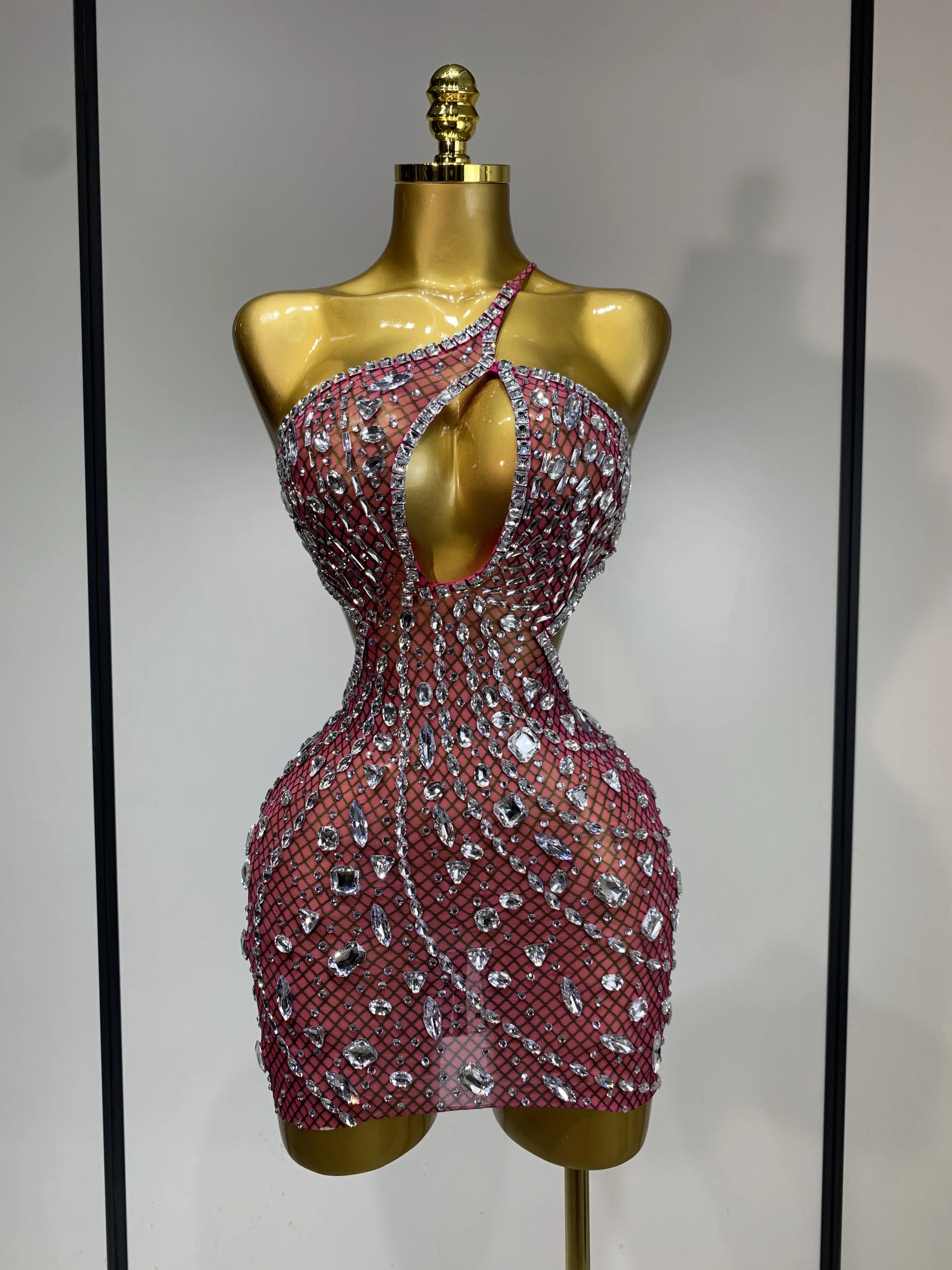 Sexy Sparkly Diamond Backless Short Dress 2025 Women Sleeveless Mesh See Through Evening Birthday Gown Singer Stage Outfit