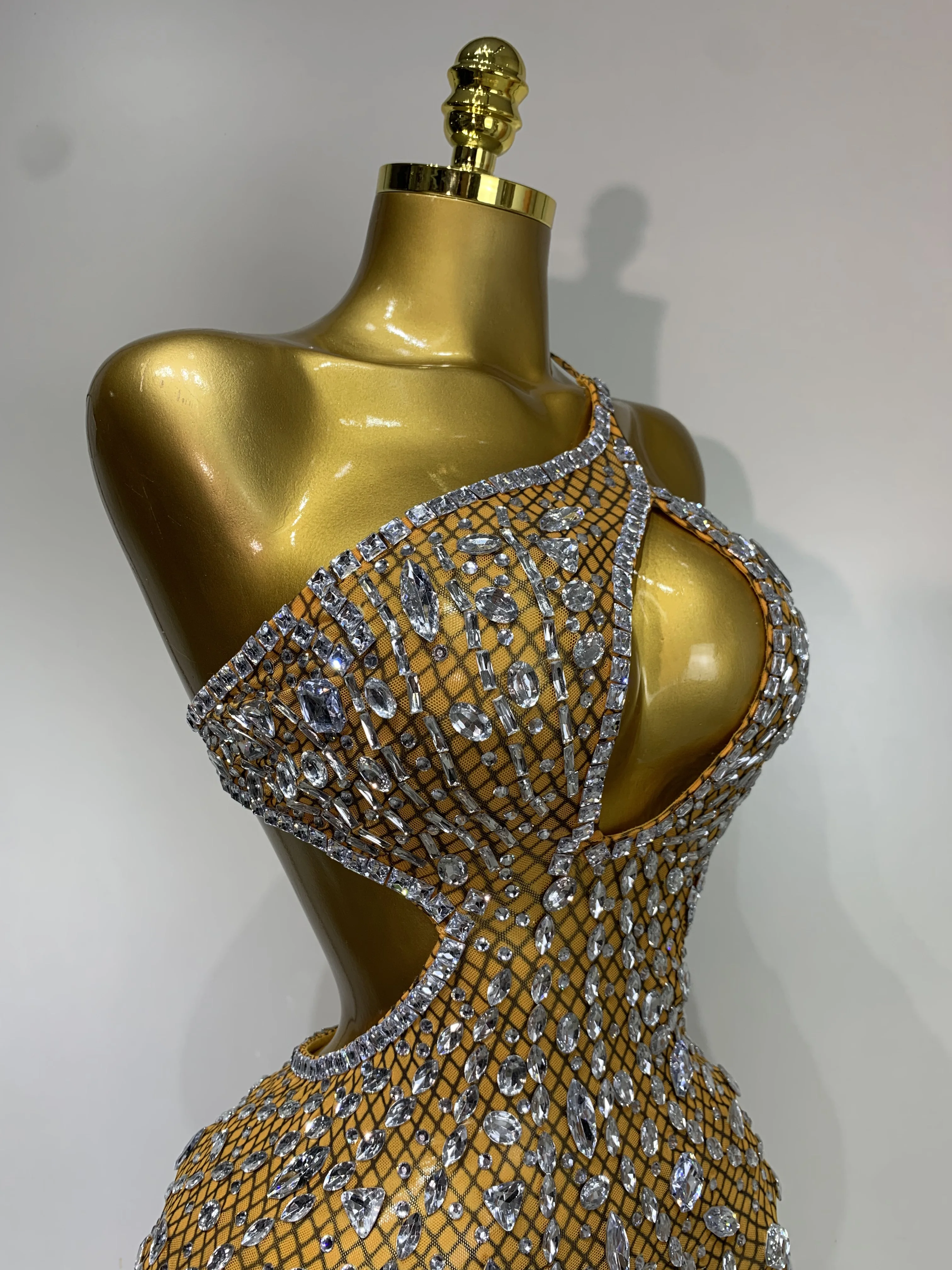 Sexy Sparkly Diamond Backless Short Dress 2025 Women Sleeveless Mesh See Through Evening Birthday Gown Singer Stage Outfit