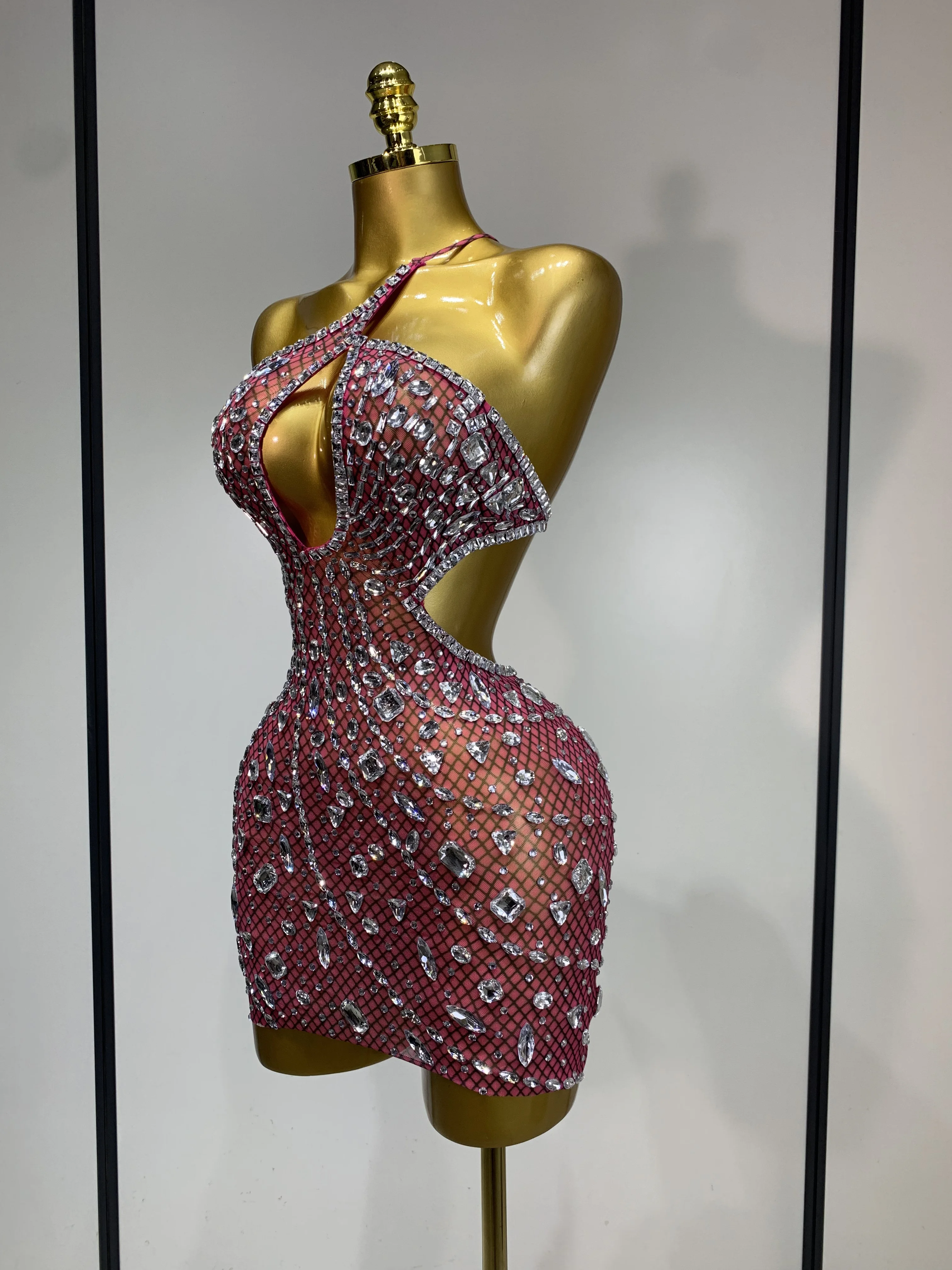 Sexy Sparkly Diamond Backless Short Dress 2025 Women Sleeveless Mesh See Through Evening Birthday Gown Singer Stage Outfit