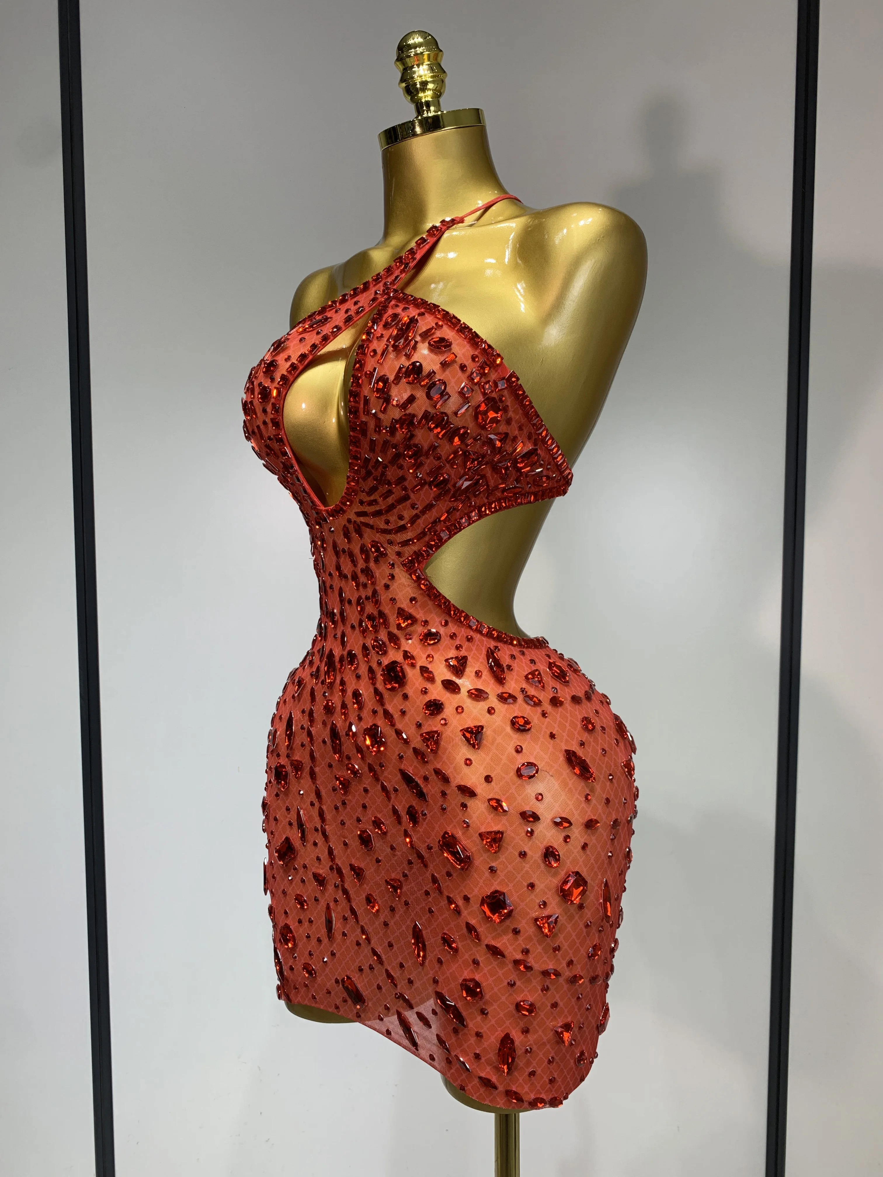 Sexy Sparkly Diamond Backless Short Dress 2025 Women Sleeveless Mesh See Through Evening Birthday Gown Singer Stage Outfit