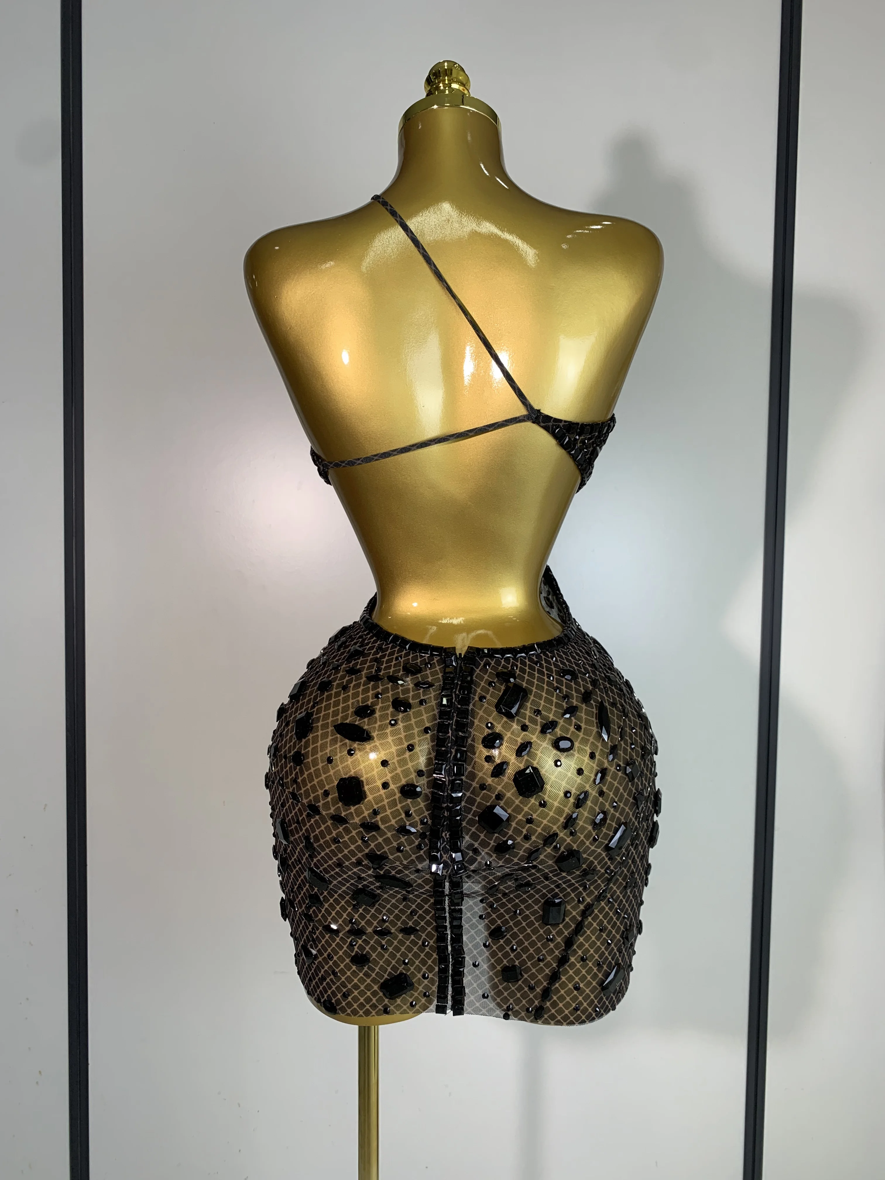 Sexy Sparkly Diamond Backless Short Dress 2025 Women Sleeveless Mesh See Through Evening Birthday Gown Singer Stage Outfit