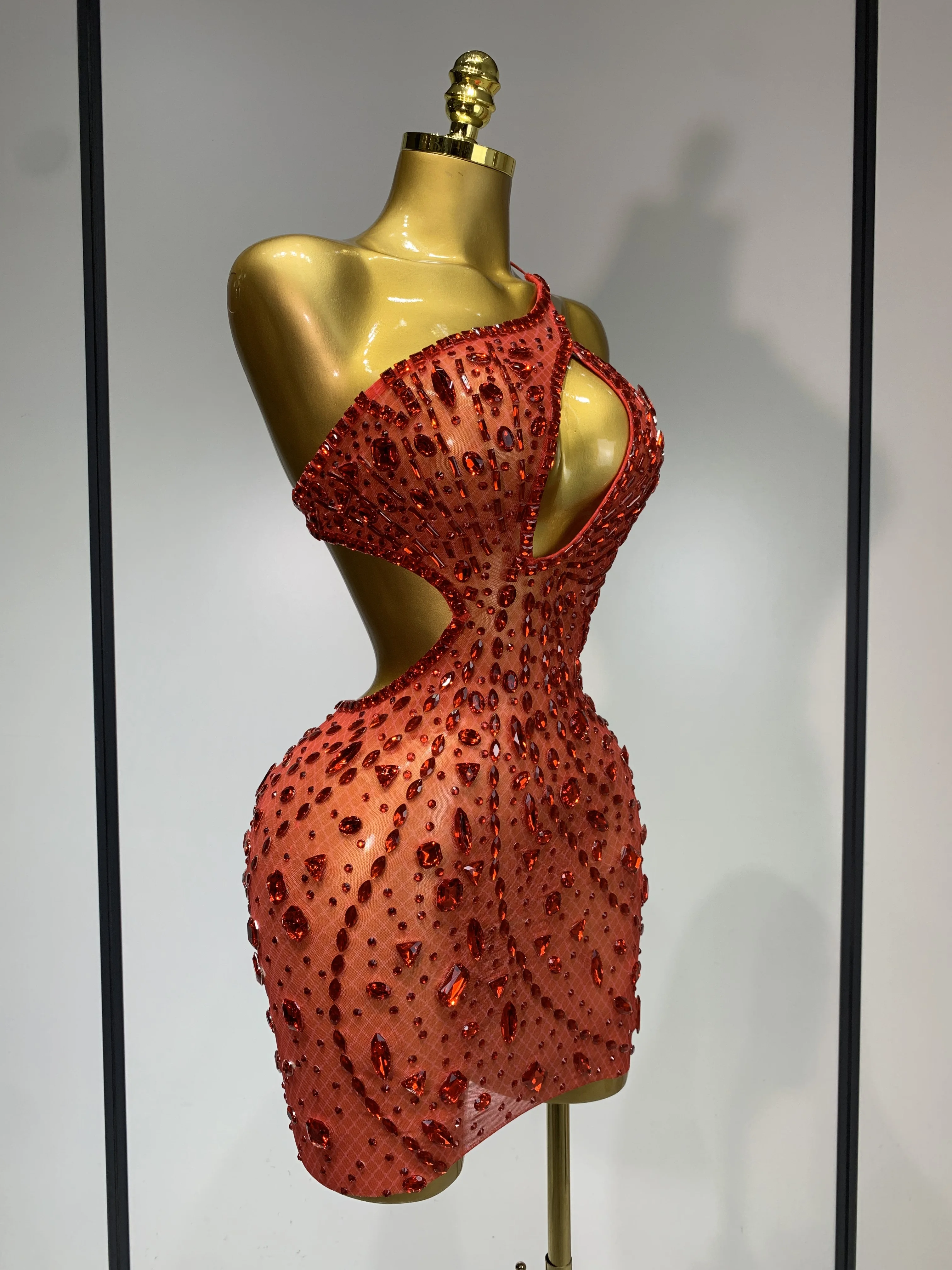 Sexy Sparkly Diamond Backless Short Dress 2025 Women Sleeveless Mesh See Through Evening Birthday Gown Singer Stage Outfit