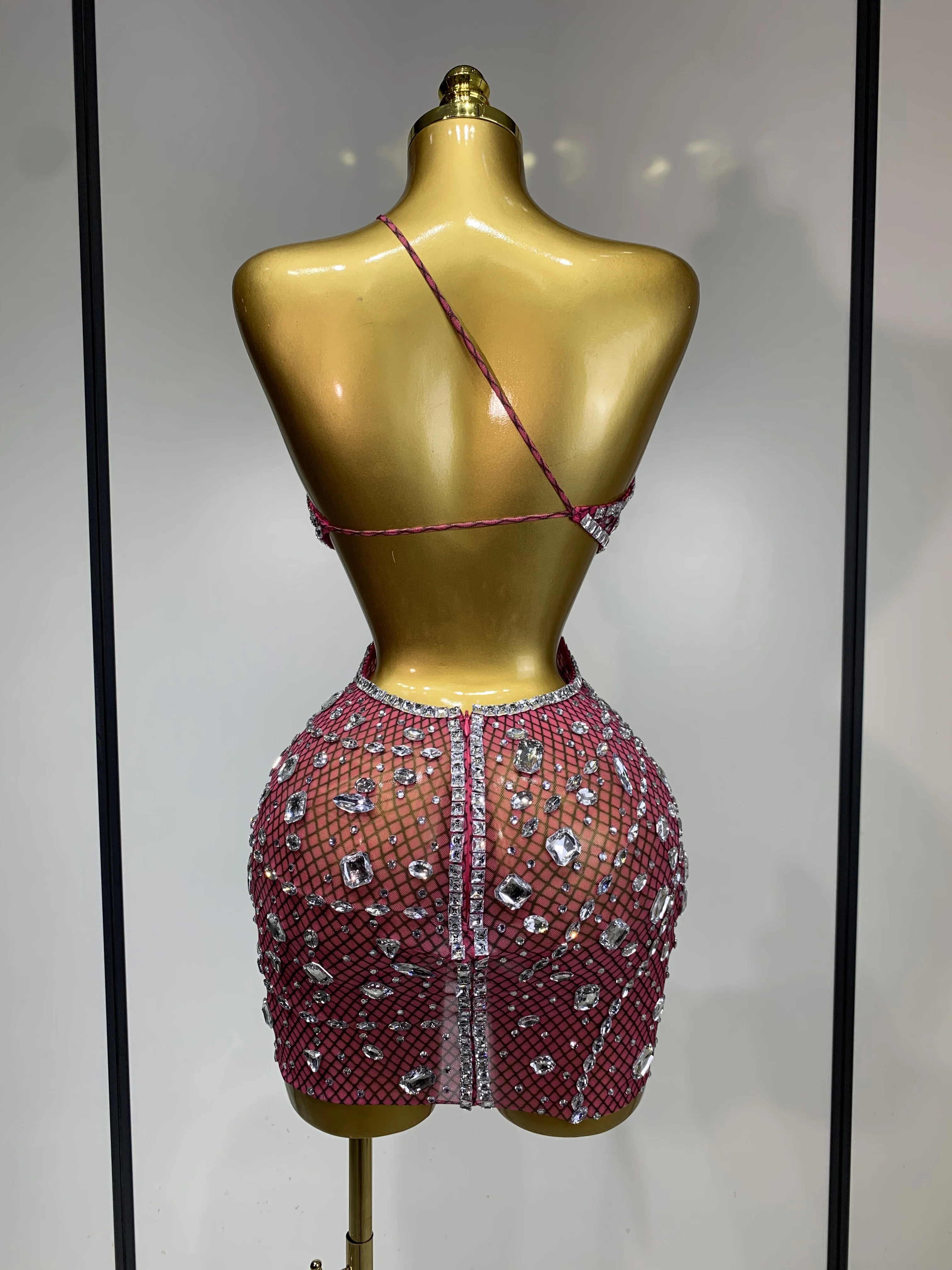 Sexy Sparkly Diamond Backless Short Dress 2025 Women Sleeveless Mesh See Through Evening Birthday Gown Singer Stage Outfit