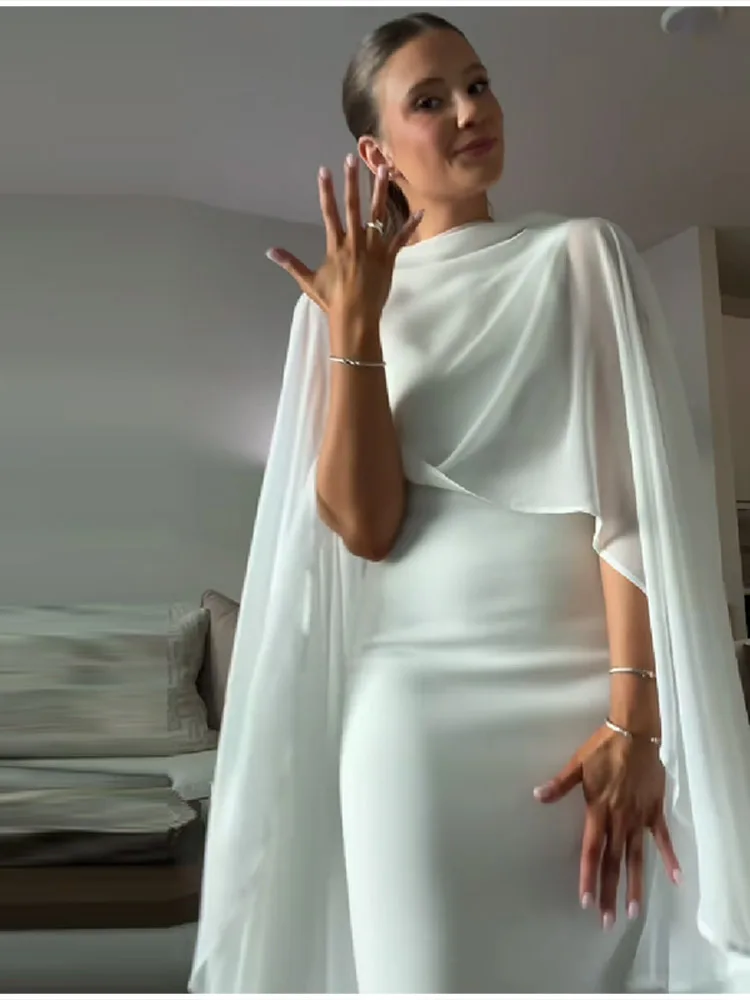Stylish White Shawl Slim Fit Maxi Dress Women Elegant Cape Sleeve Round Neck Bodycon Vestido 2026 Lady Summer Chic Party Robes