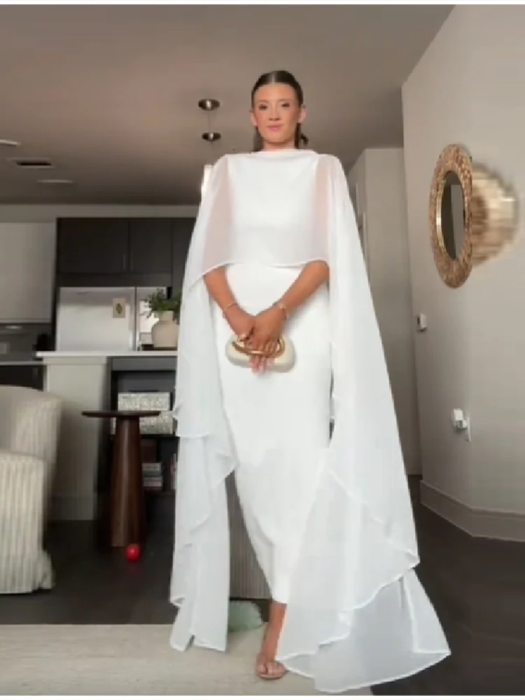 Stylish White Shawl Slim Fit Maxi Dress Women Elegant Cape Sleeve Round Neck Bodycon Vestido 2026 Lady Summer Chic Party Robes