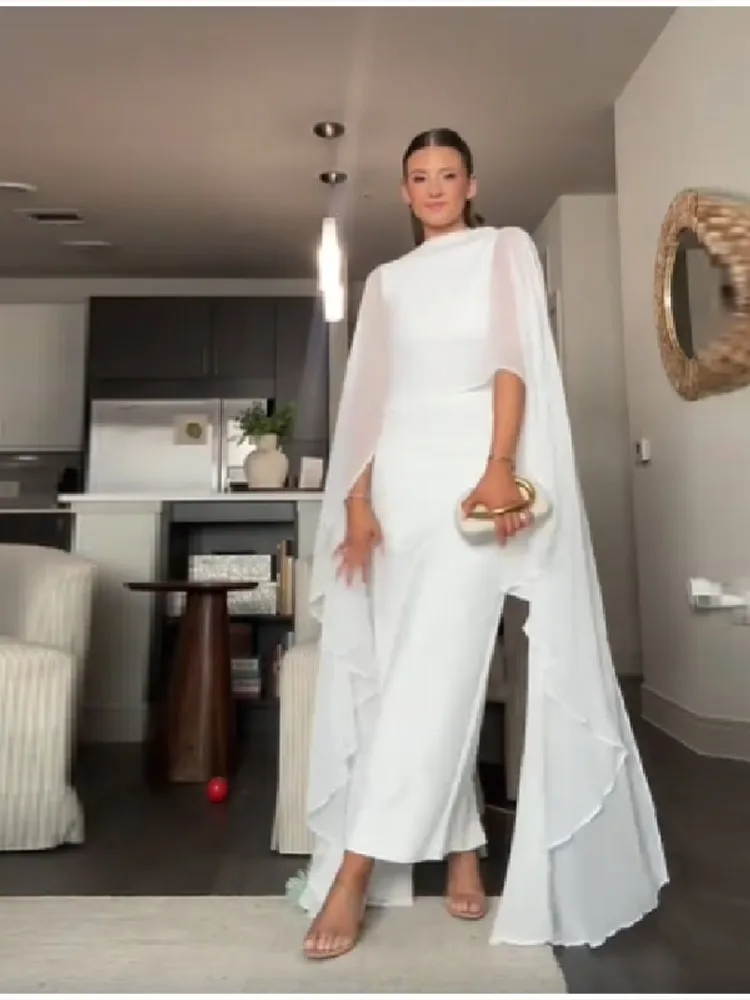 Stylish White Shawl Slim Fit Maxi Dress Women Elegant Cape Sleeve Round Neck Bodycon Vestido 2026 Lady Summer Chic Party Robes
