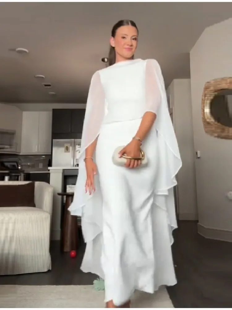 Stylish White Shawl Slim Fit Maxi Dress Women Elegant Cape Sleeve Round Neck Bodycon Vestido 2026 Lady Summer Chic Party Robes