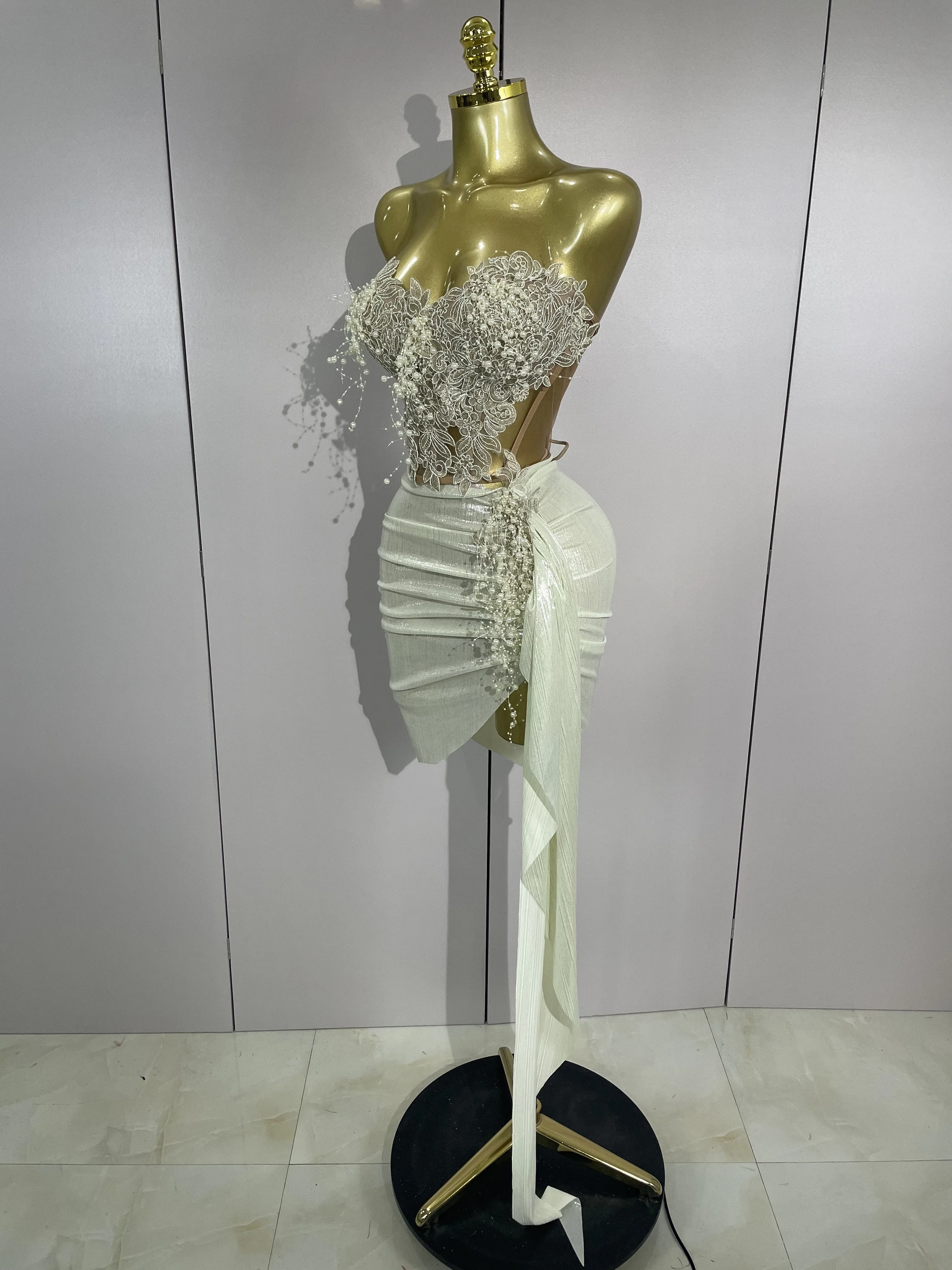 STOCK Luxury Shining Pearls Sexy Asymmetrical Skirt 2 PCS Set 2025 Women Evening Birthday Party Stage Dancer Performance Costume