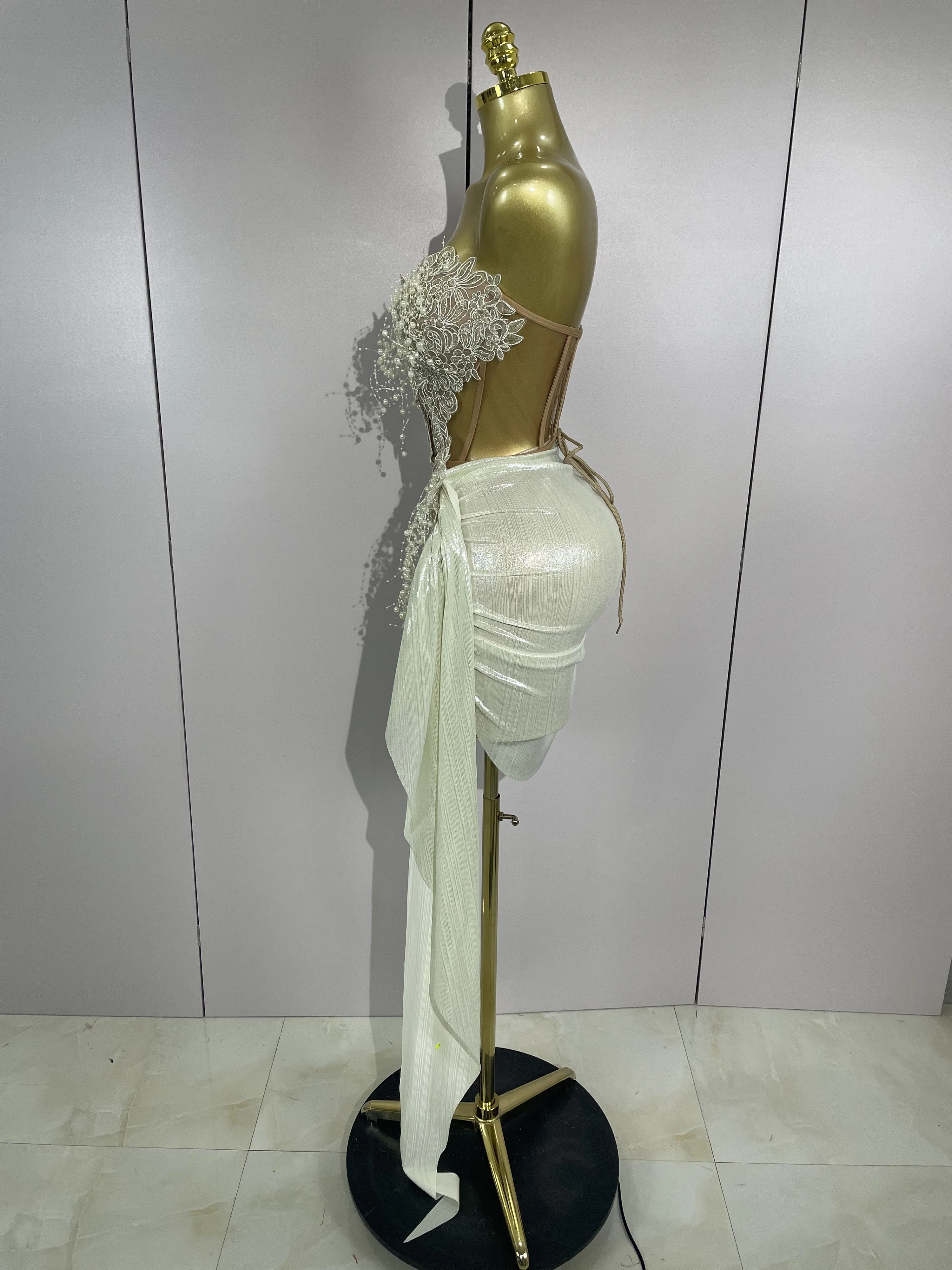 STOCK Luxury Shining Pearls Sexy Asymmetrical Skirt 2 PCS Set 2025 Women Evening Birthday Party Stage Dancer Performance Costume