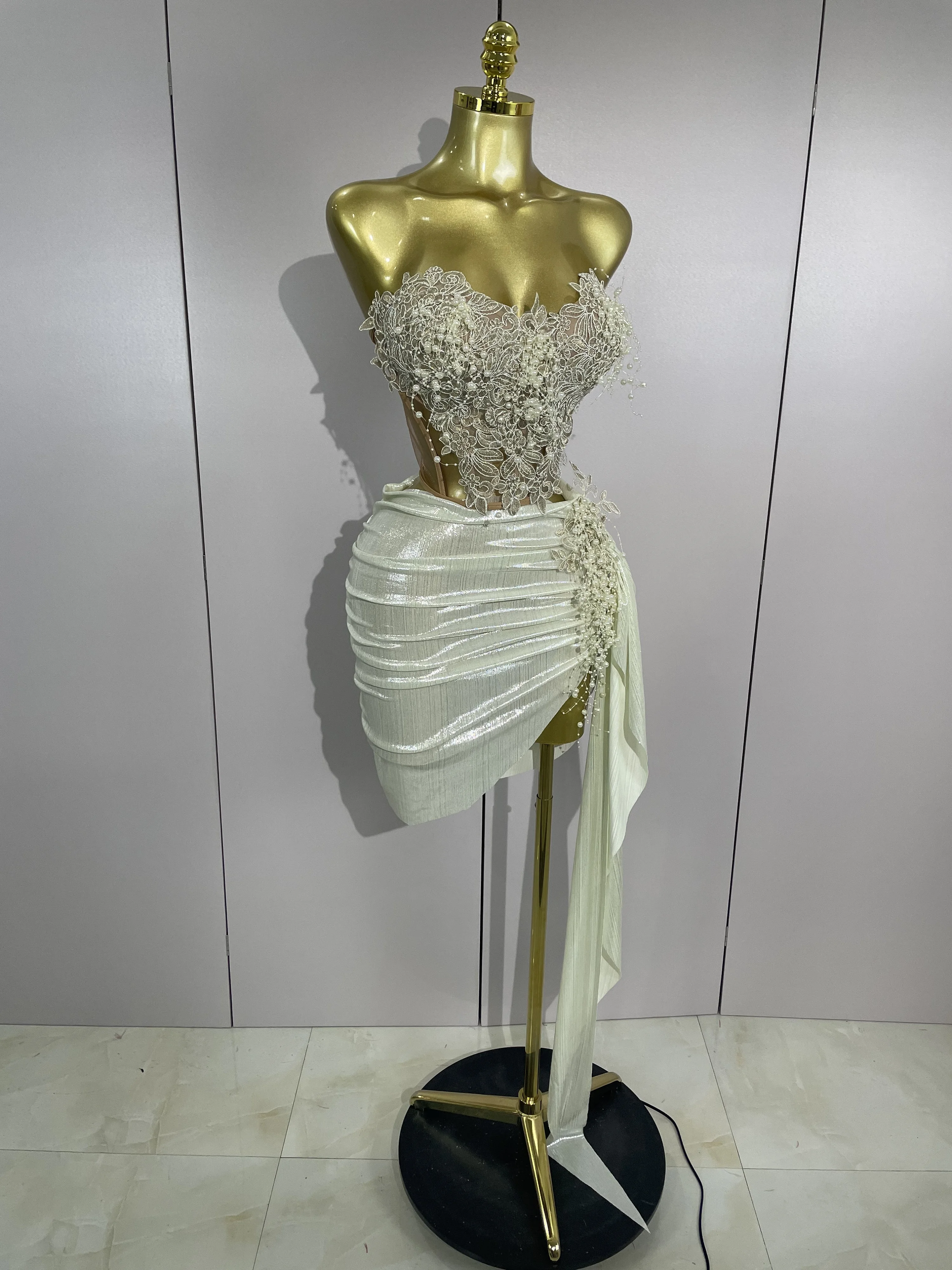 STOCK Luxury Shining Pearls Sexy Asymmetrical Skirt 2 PCS Set 2025 Women Evening Birthday Party Stage Dancer Performance Costume