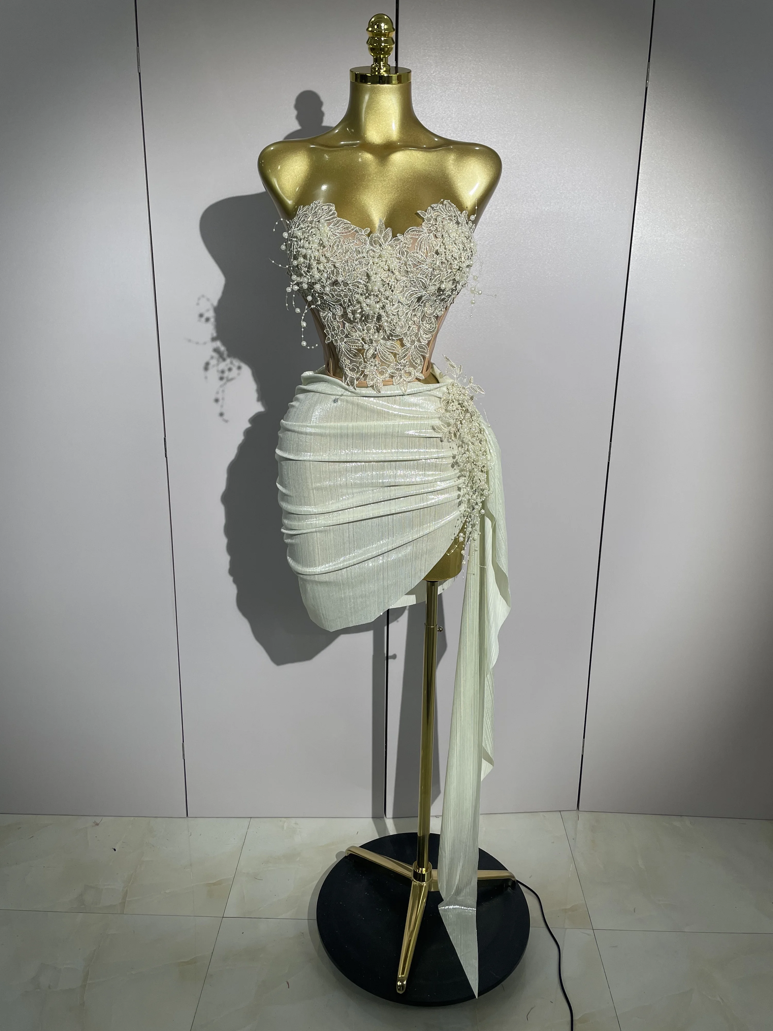 STOCK Luxury Shining Pearls Sexy Asymmetrical Skirt 2 PCS Set 2025 Women Evening Birthday Party Stage Dancer Performance Costume