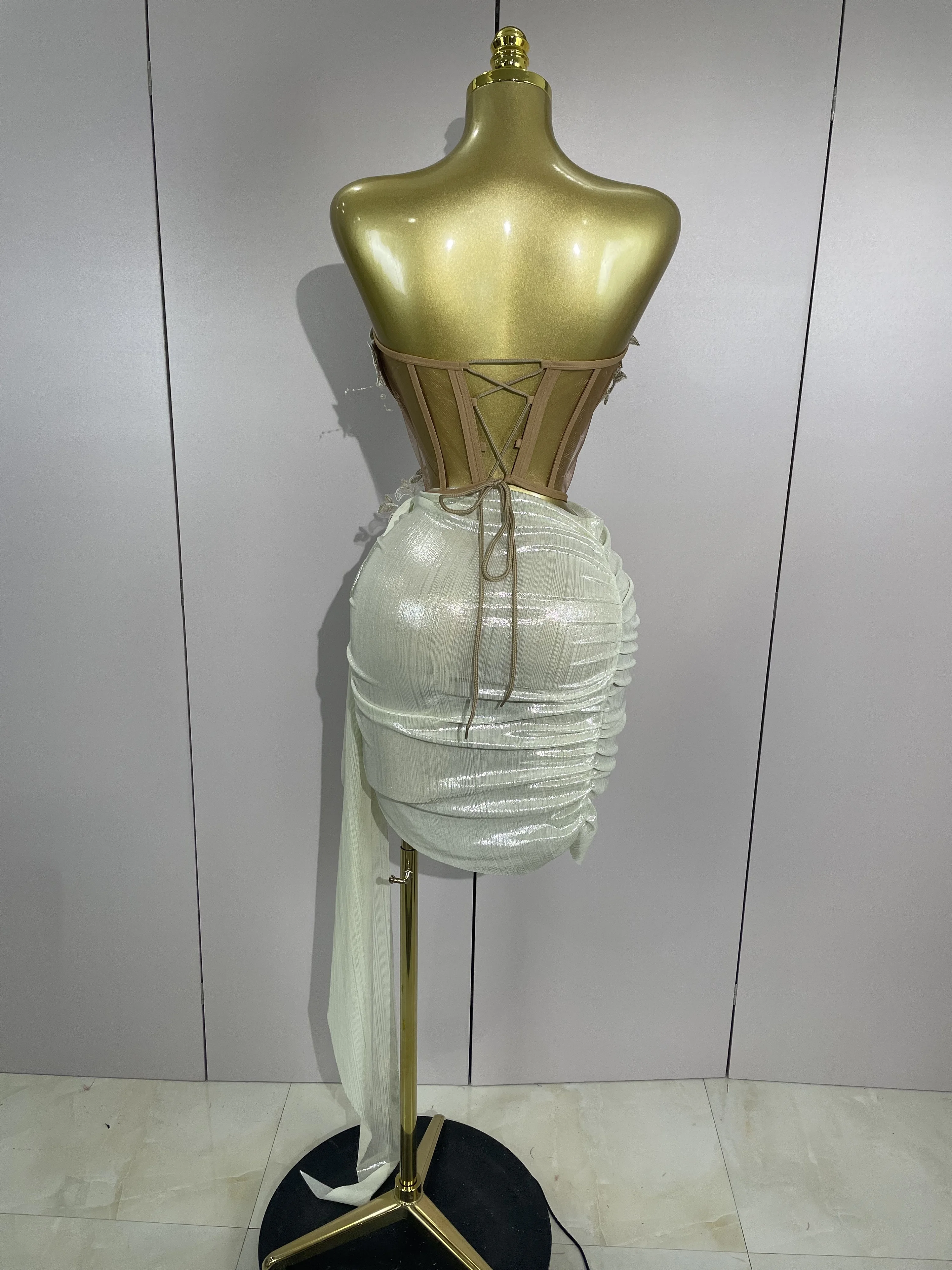 STOCK Luxury Shining Pearls Sexy Asymmetrical Skirt 2 PCS Set 2025 Women Evening Birthday Party Stage Dancer Performance Costume