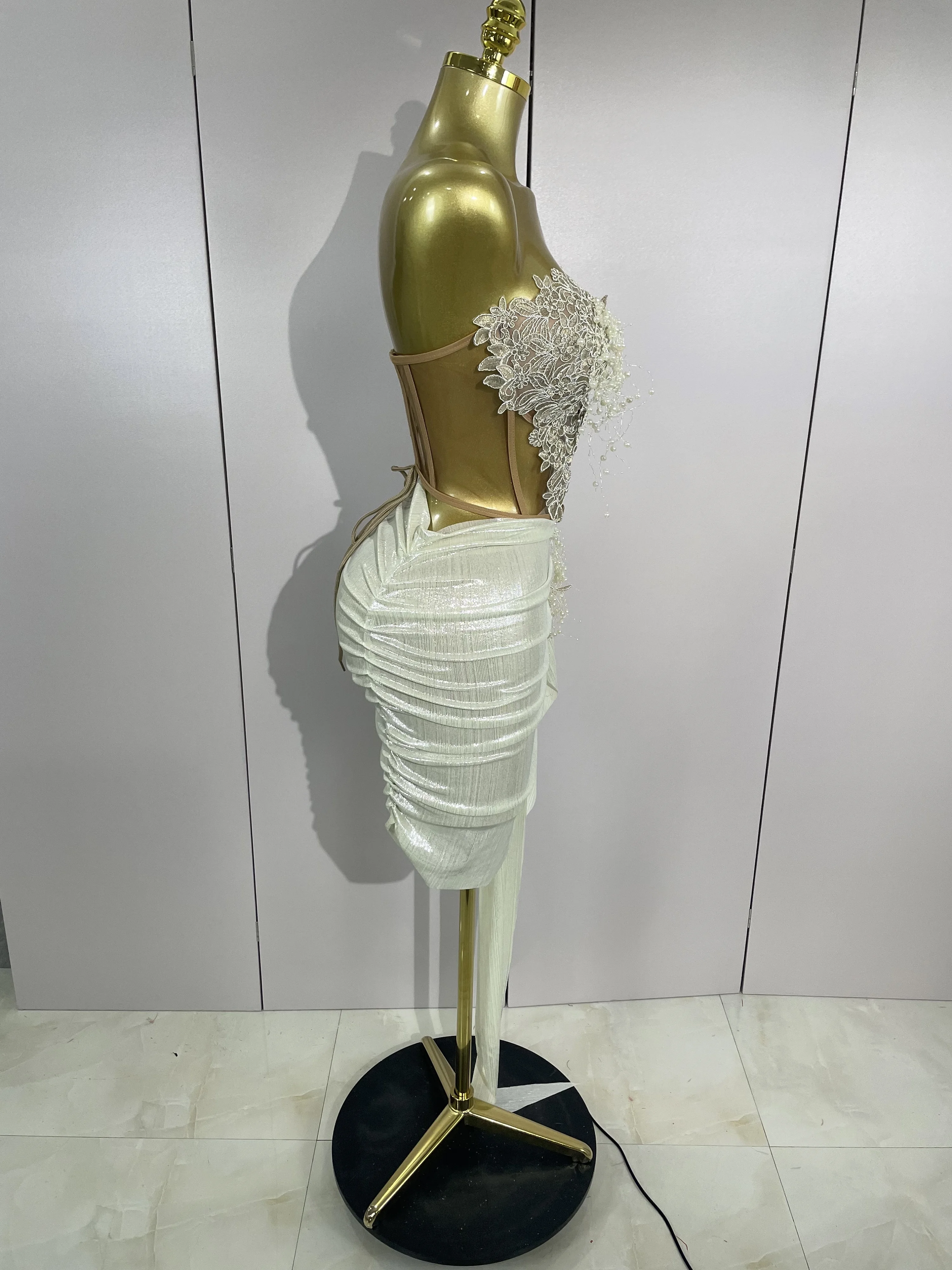 STOCK Luxury Shining Pearls Sexy Asymmetrical Skirt 2 PCS Set 2025 Women Evening Birthday Party Stage Dancer Performance Costume