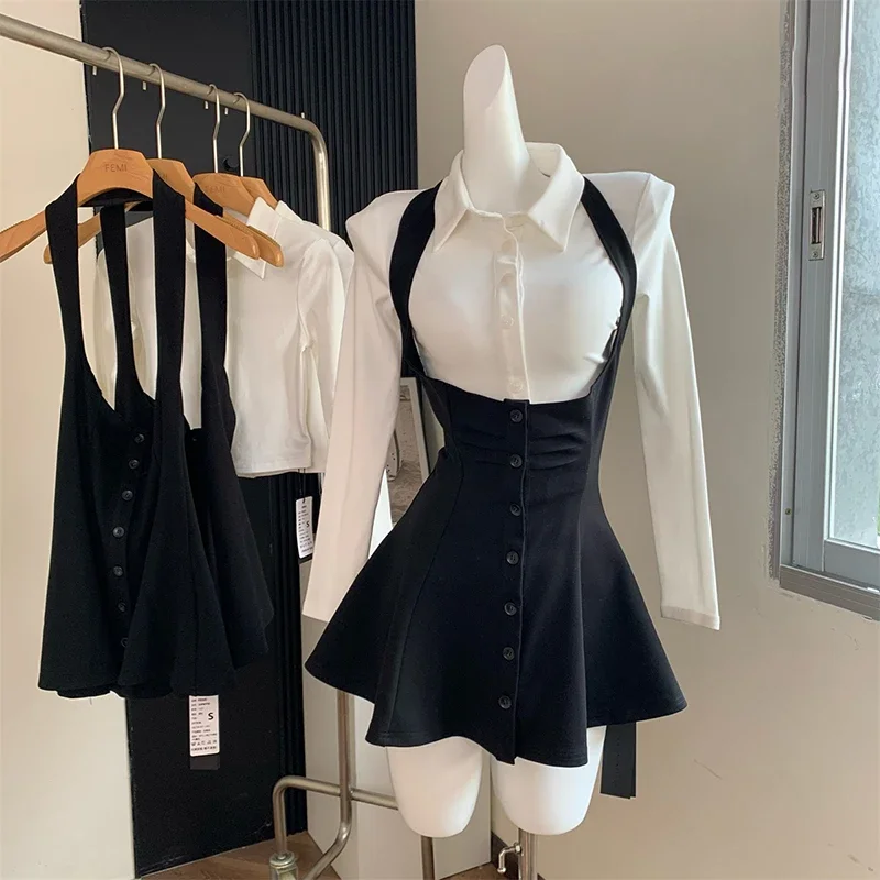 DUOJIHUI Two Piece New Sexy Chic Halter Female Dresses Basic Polo Neck Fashion Button Shirt Slim Simple A-line XS-L Women Dress