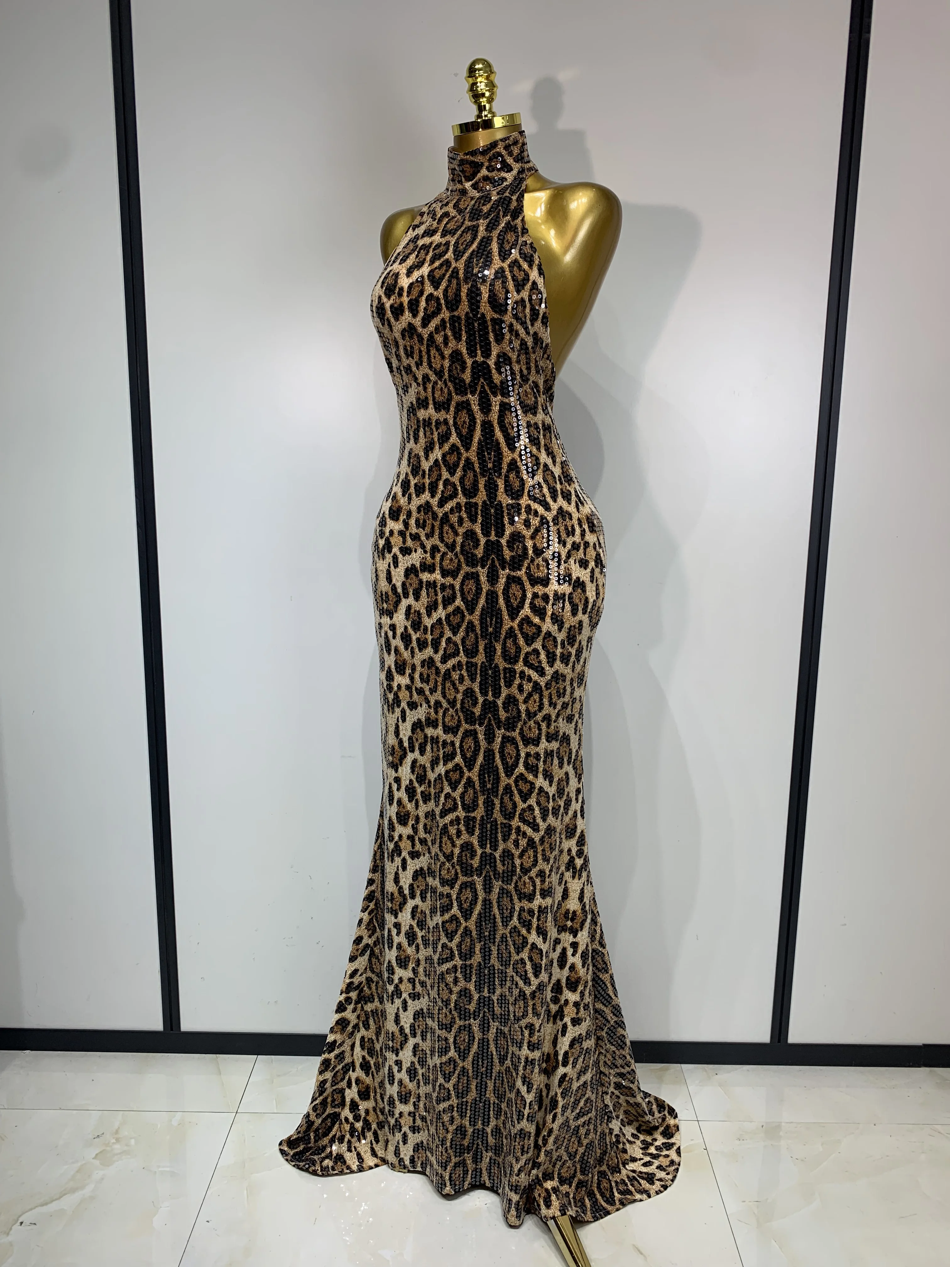 Women Sexy Sleeveless Halter Backless Leopard Sequin Mermaid Maxi Long Dress Bodycon Evening Party Celebrity Elegant Dress