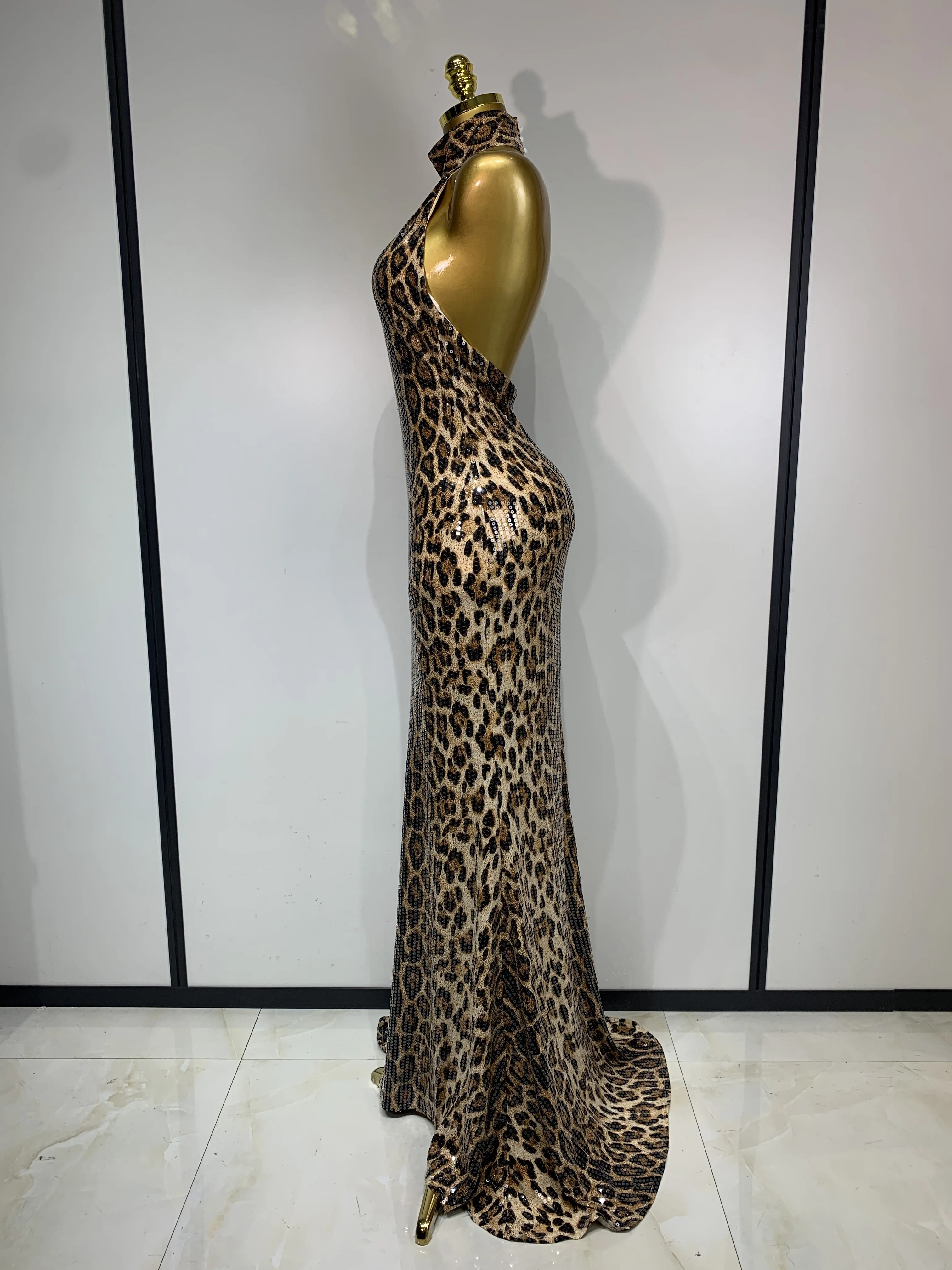Women Sexy Sleeveless Halter Backless Leopard Sequin Mermaid Maxi Long Dress Bodycon Evening Party Celebrity Elegant Dress