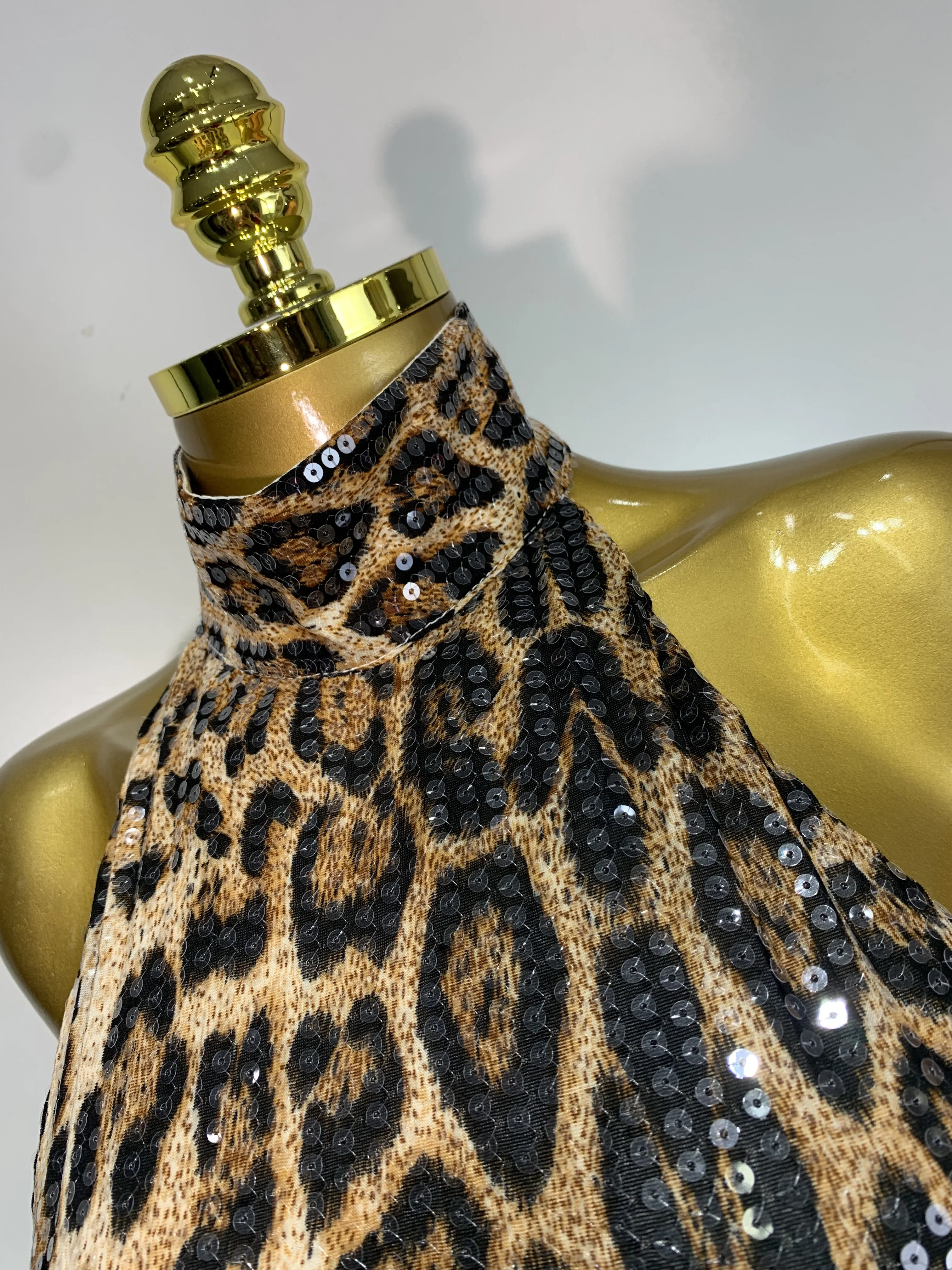 Women Sexy Sleeveless Halter Backless Leopard Sequin Mermaid Maxi Long Dress Bodycon Evening Party Celebrity Elegant Dress