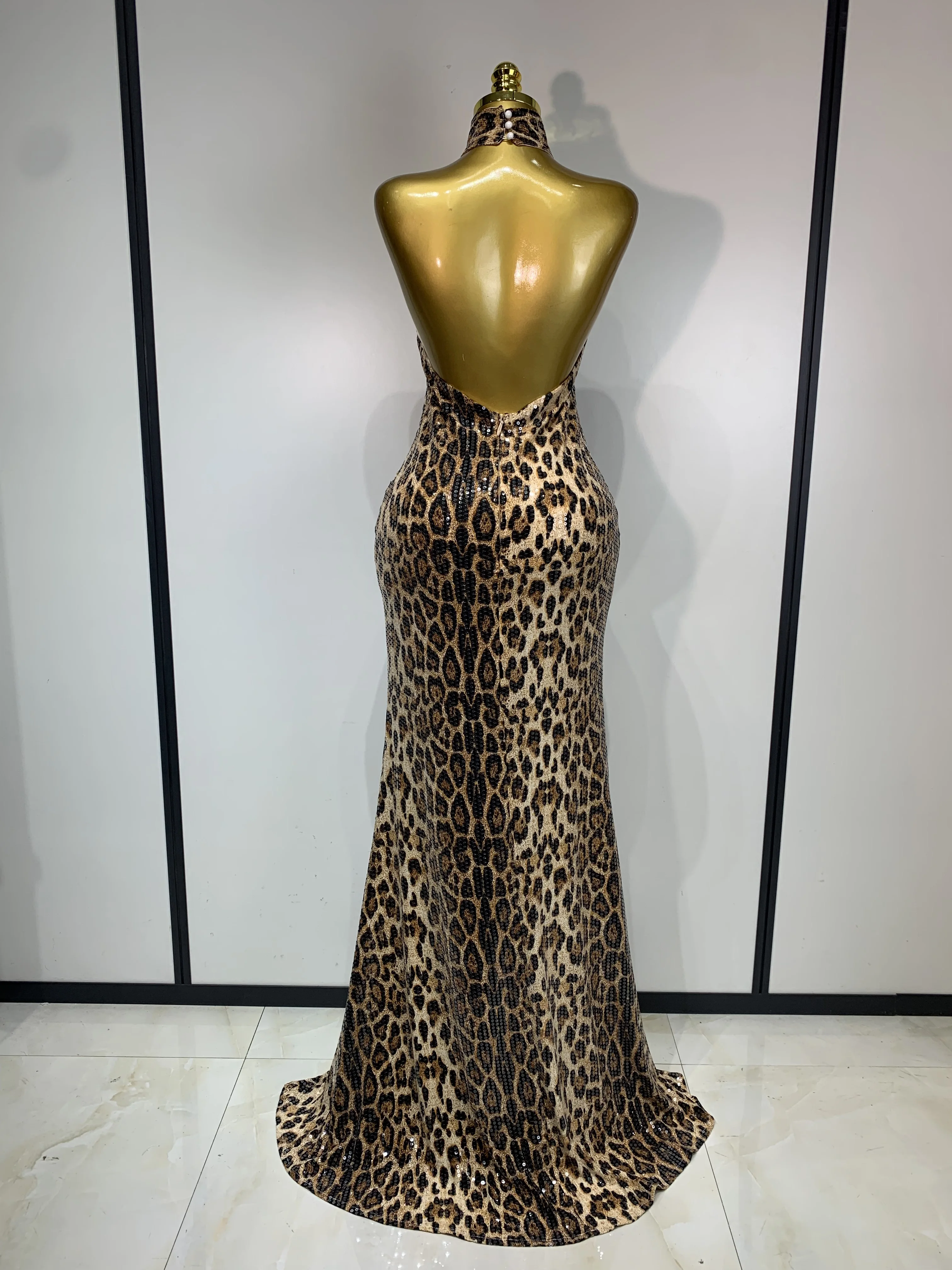 Women Sexy Sleeveless Halter Backless Leopard Sequin Mermaid Maxi Long Dress Bodycon Evening Party Celebrity Elegant Dress