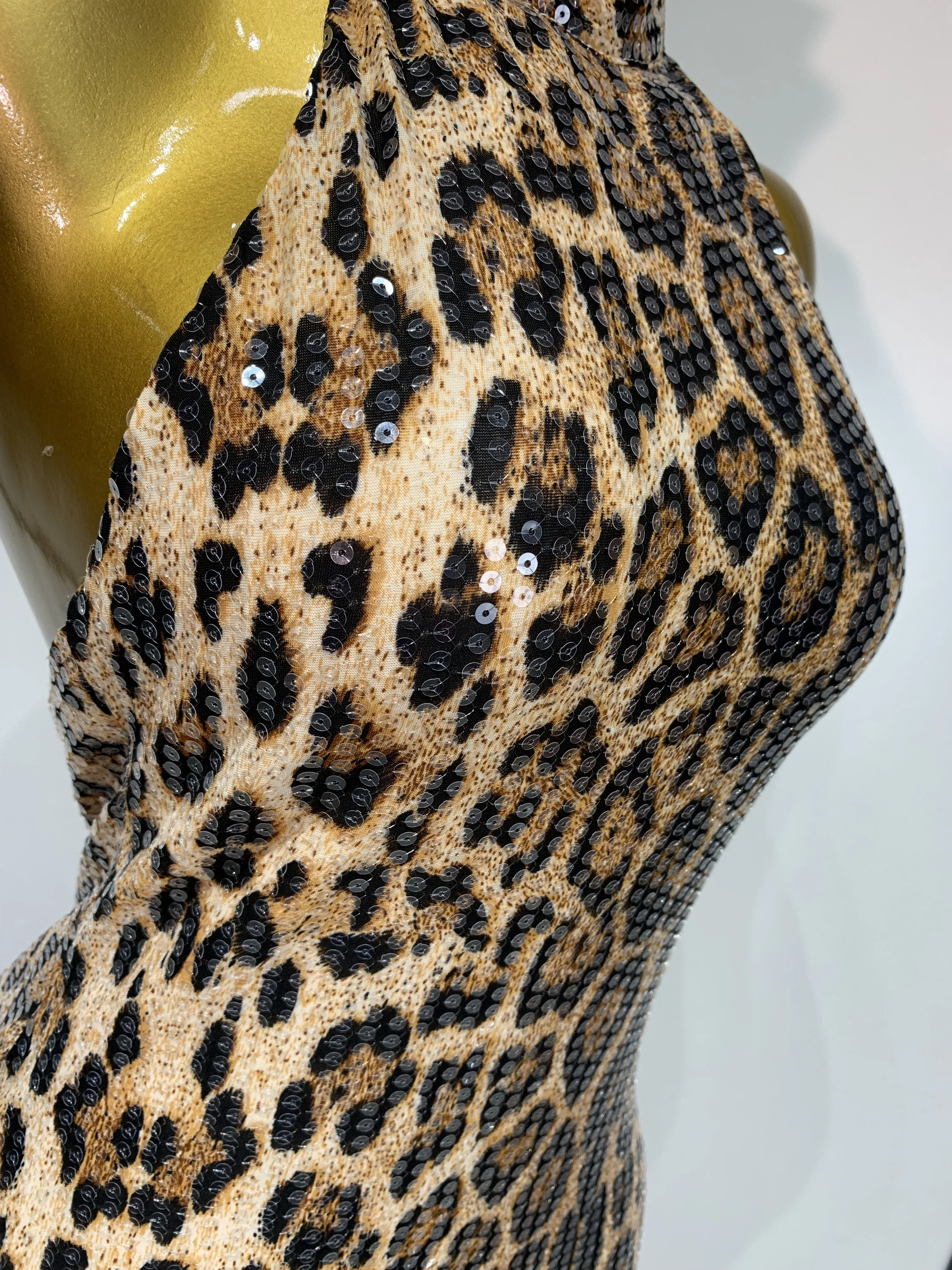 Women Sexy Sleeveless Halter Backless Leopard Sequin Mermaid Maxi Long Dress Bodycon Evening Party Celebrity Elegant Dress
