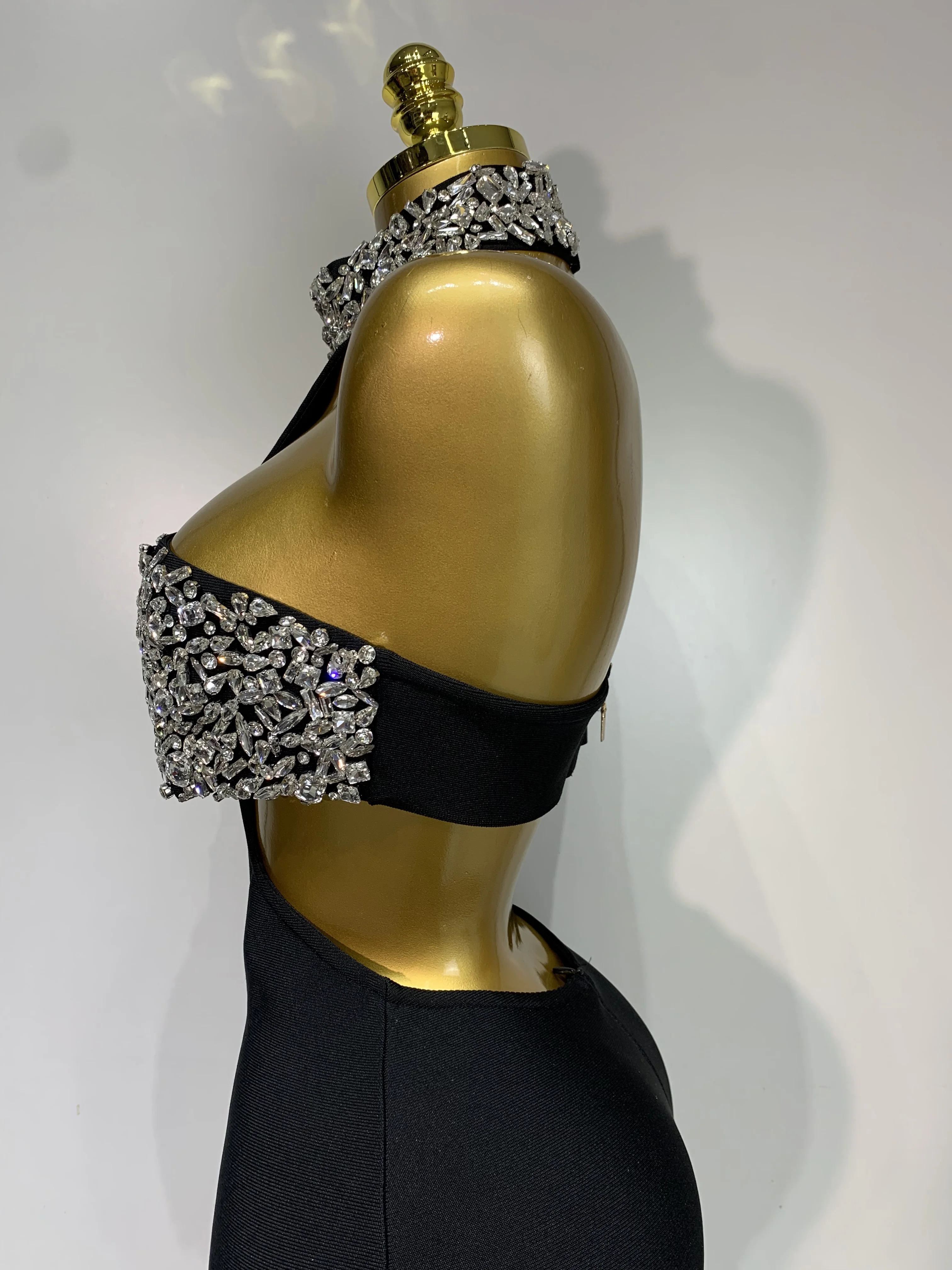 Women Sexy Backless Sparkly Crystal Diamonds Black Bodycon Bandage Dress Celebrity Elegant Evening Club Party Birthday Dresses