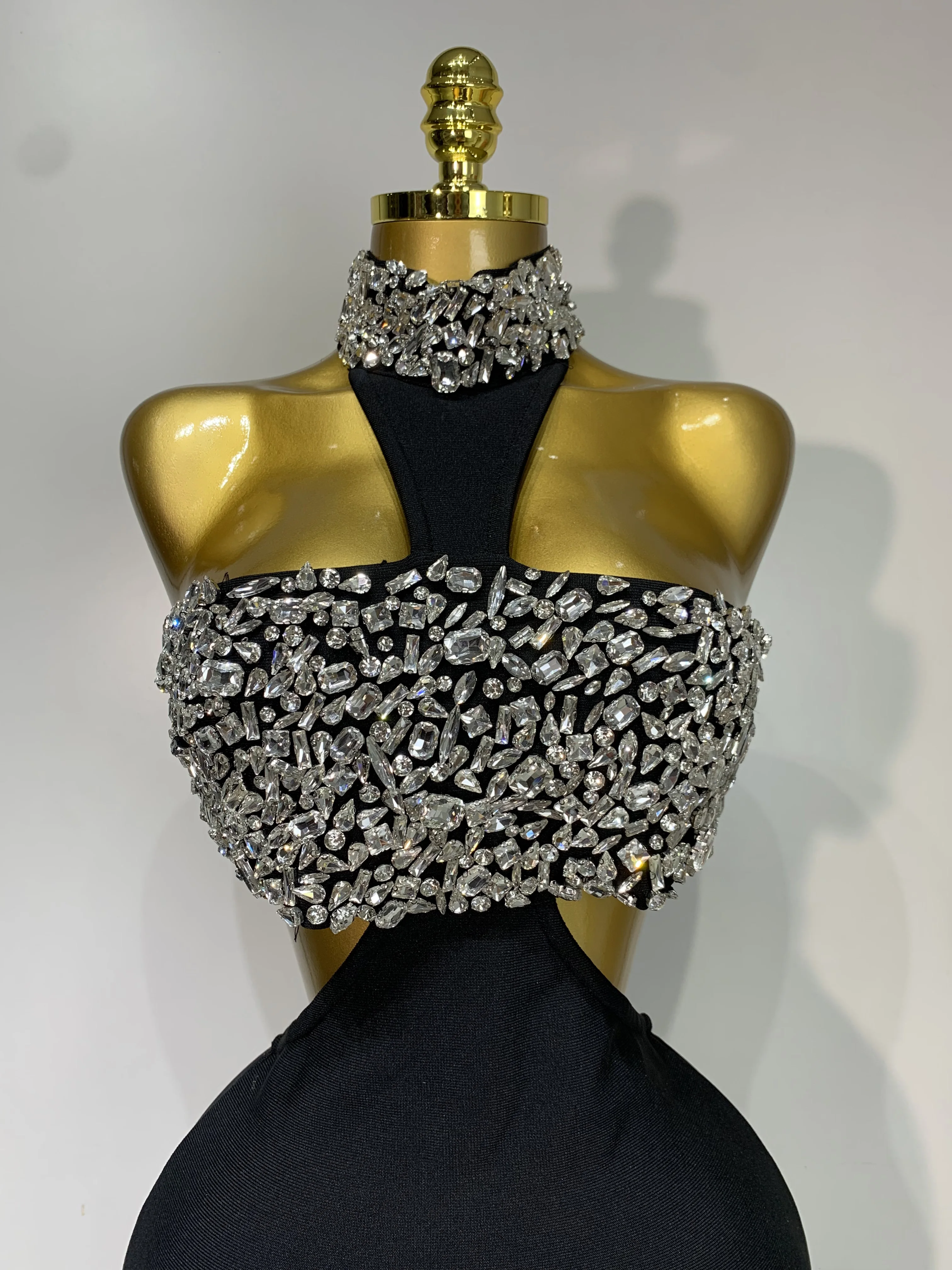Women Sexy Backless Sparkly Crystal Diamonds Black Bodycon Bandage Dress Celebrity Elegant Evening Club Party Birthday Dresses