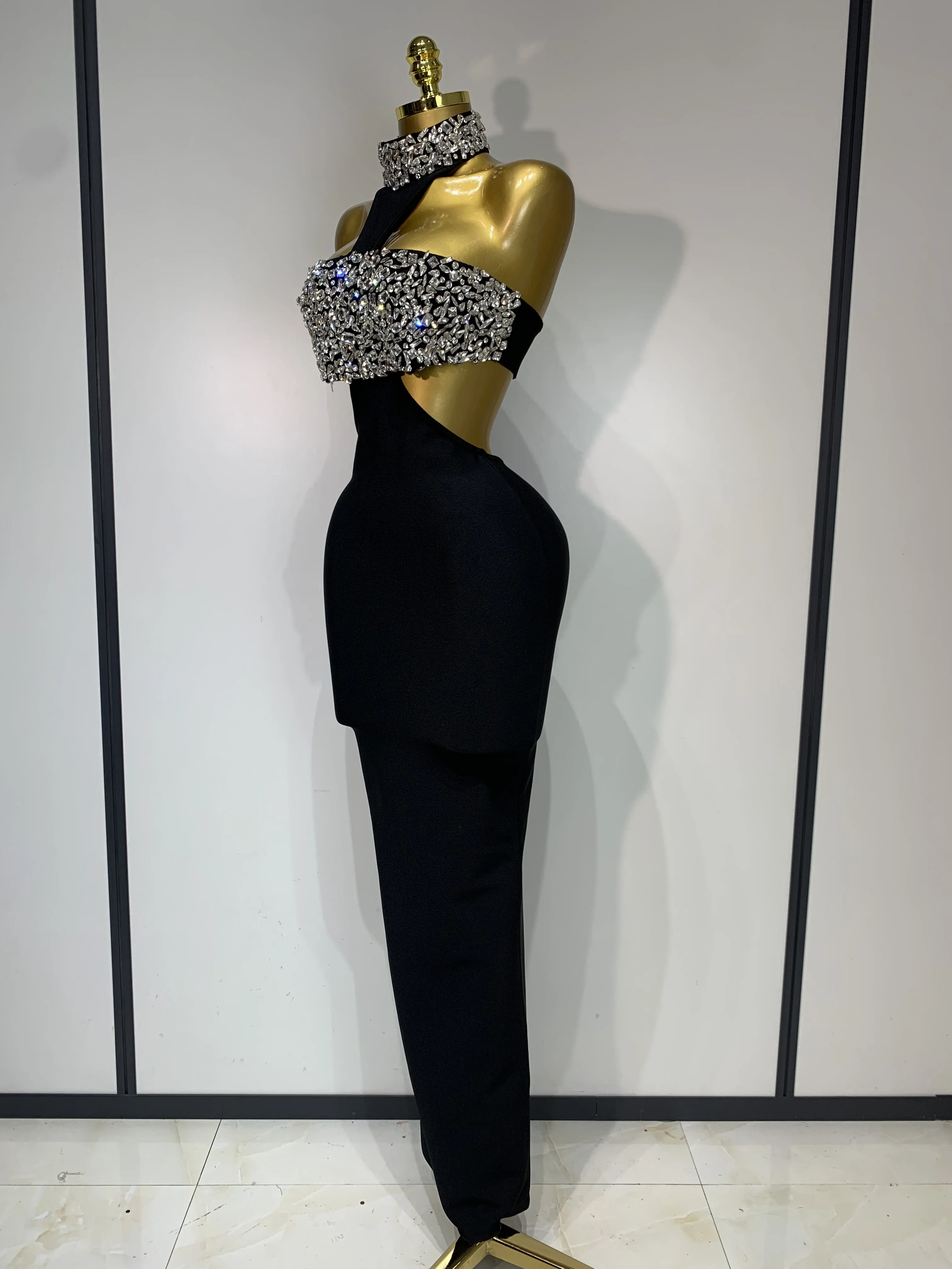 Women Sexy Backless Sparkly Crystal Diamonds Black Bodycon Bandage Dress Celebrity Elegant Evening Club Party Birthday Dresses