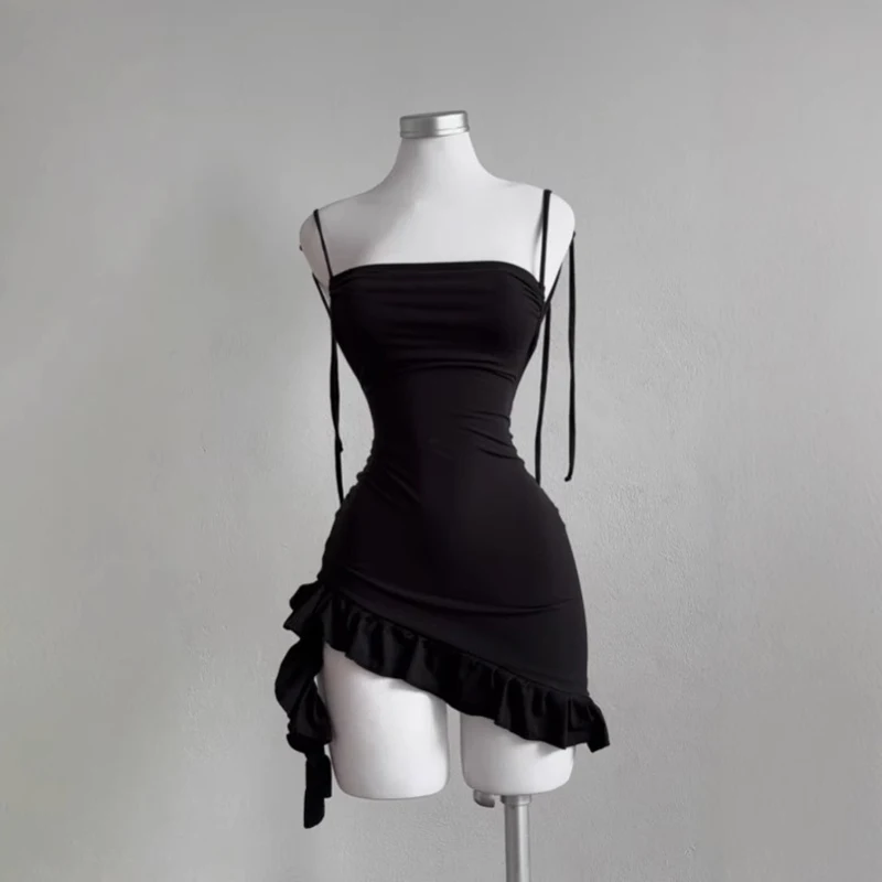 2025 Sexy Sleelveless Backless Mini Dress Women Summer Europe America Lace Up Bodycon Dresses High Street Party Club Black Dress