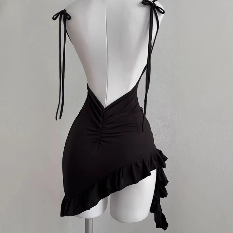 2025 Sexy Sleelveless Backless Mini Dress Women Summer Europe America Lace Up Bodycon Dresses High Street Party Club Black Dress