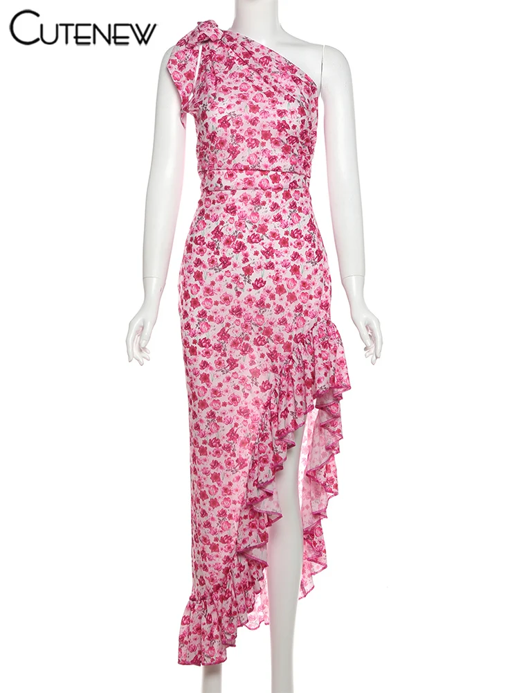 Cutenew Floral Print Women Midi Dresses Fashion Incline Shoulder Bandage Ruffle Splited Vestidos Female Vacation Street Bodycon