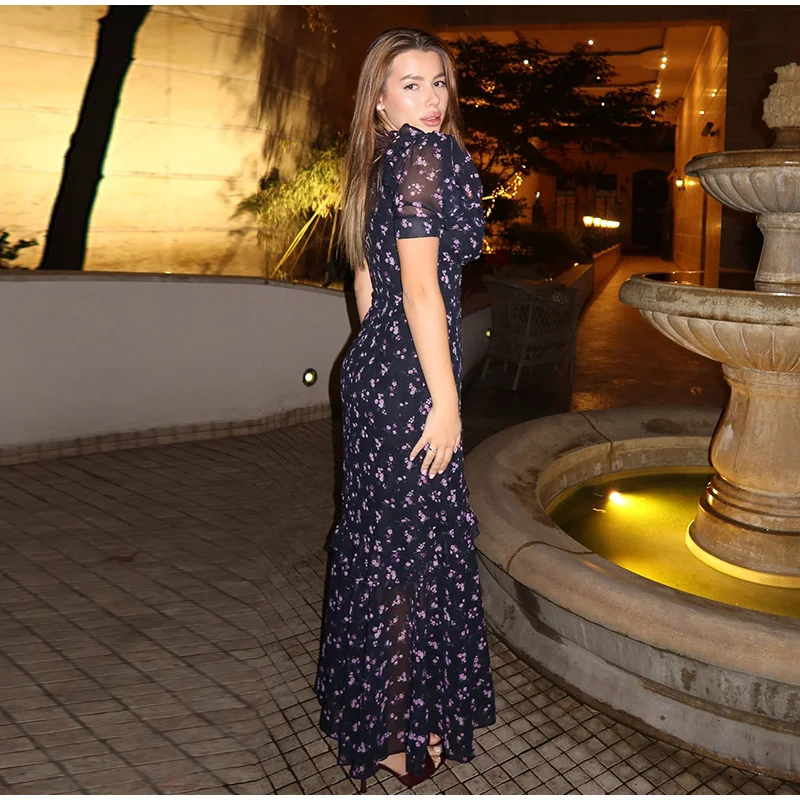 Floral Puff Sleeves Maxi Dresses Women's Slim Waist-cinching Hip-wrap V-neck Dress 2026 New Ladies Summer Vacation Outwear