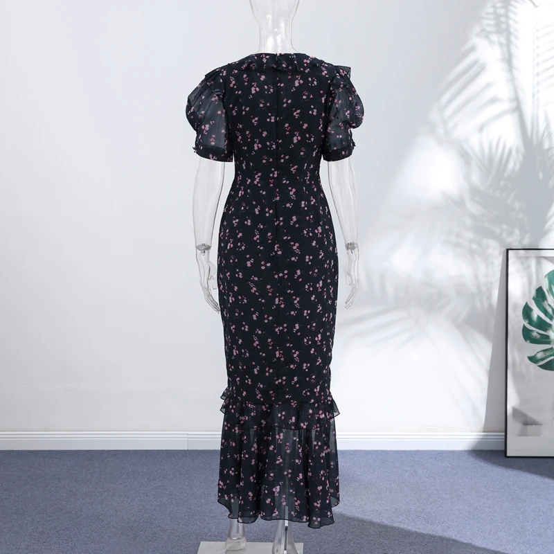 Floral Puff Sleeves Maxi Dresses Women's Slim Waist-cinching Hip-wrap V-neck Dress 2026 New Ladies Summer Vacation Outwear