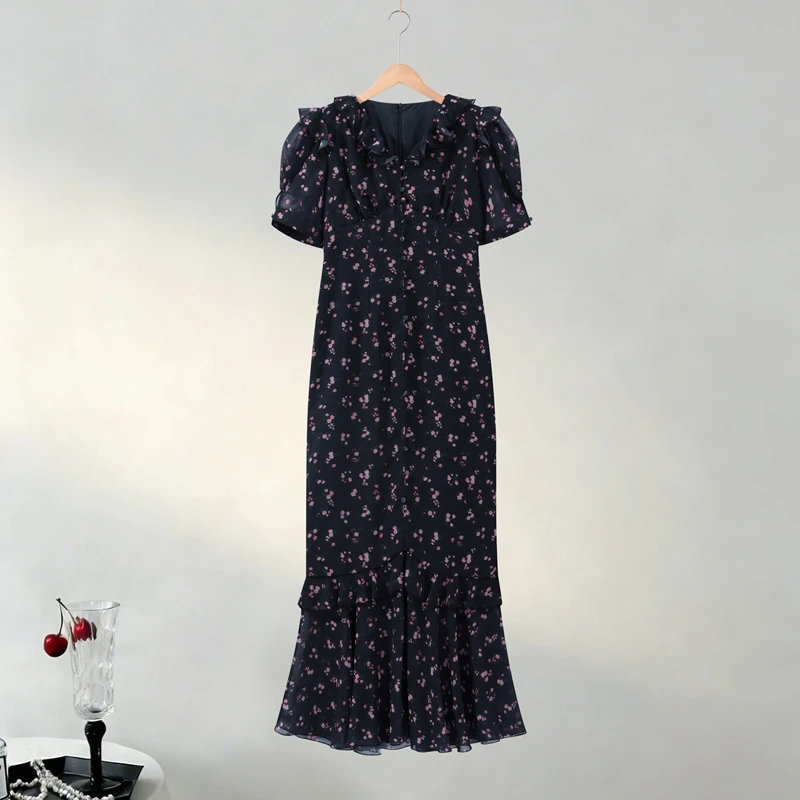 Floral Puff Sleeves Maxi Dresses Women's Slim Waist-cinching Hip-wrap V-neck Dress 2026 New Ladies Summer Vacation Outwear