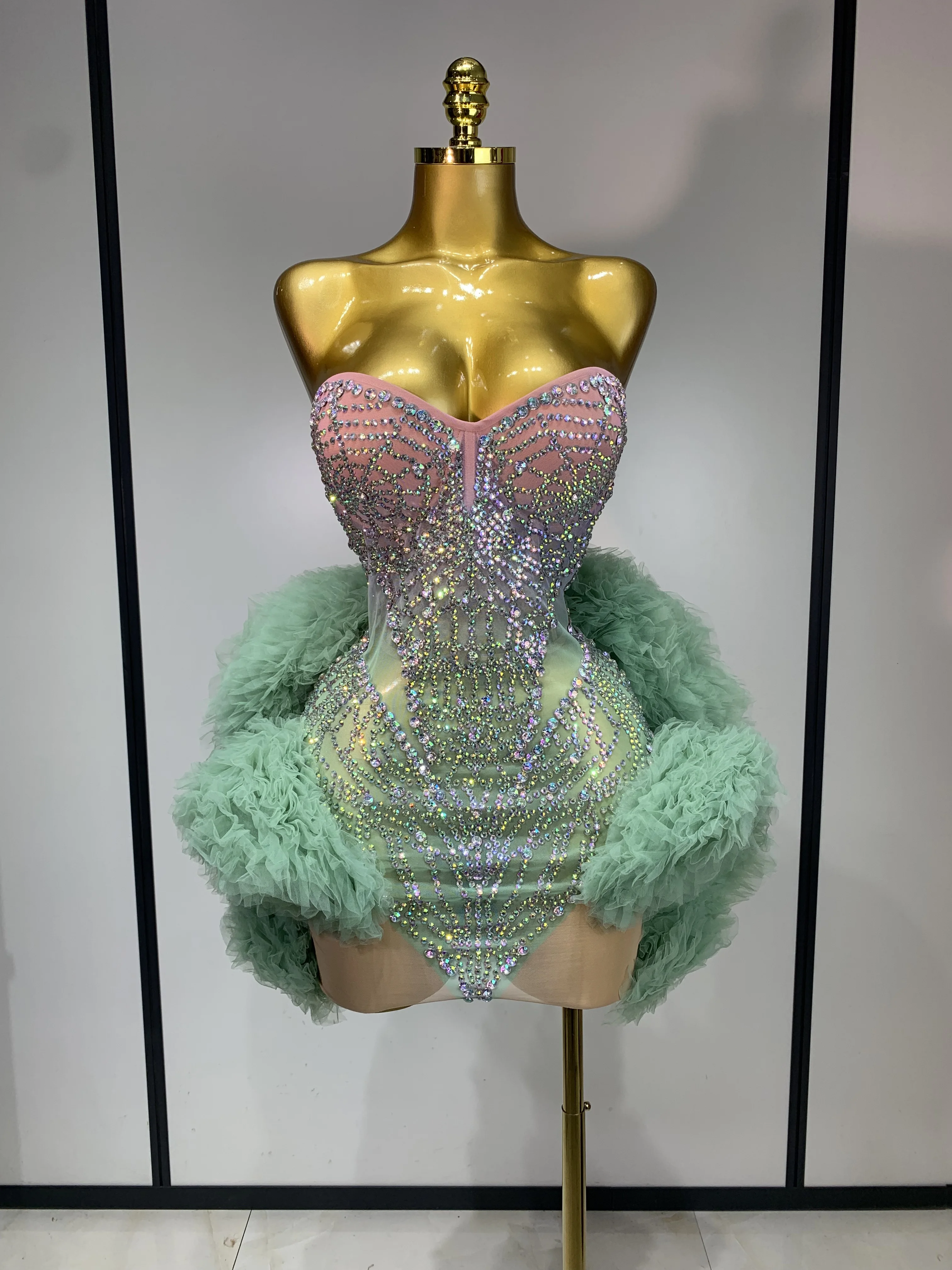 Women Sexy Strapless Backless Green Diamonds Mesh Dress Birthday Party Costume Bar Nightclub Singer Stage Performance Outfit