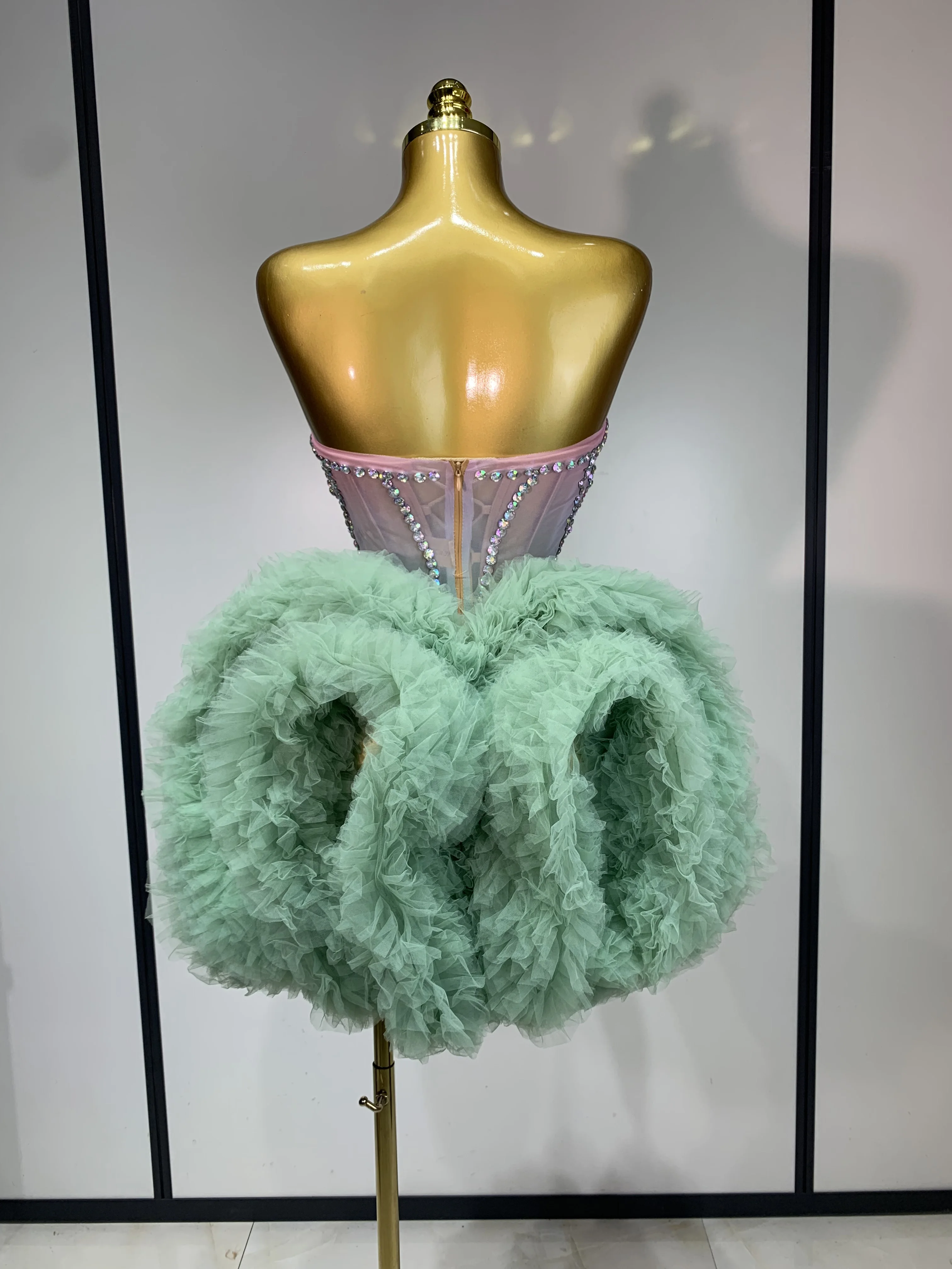 Women Sexy Strapless Backless Green Diamonds Mesh Dress Birthday Party Costume Bar Nightclub Singer Stage Performance Outfit