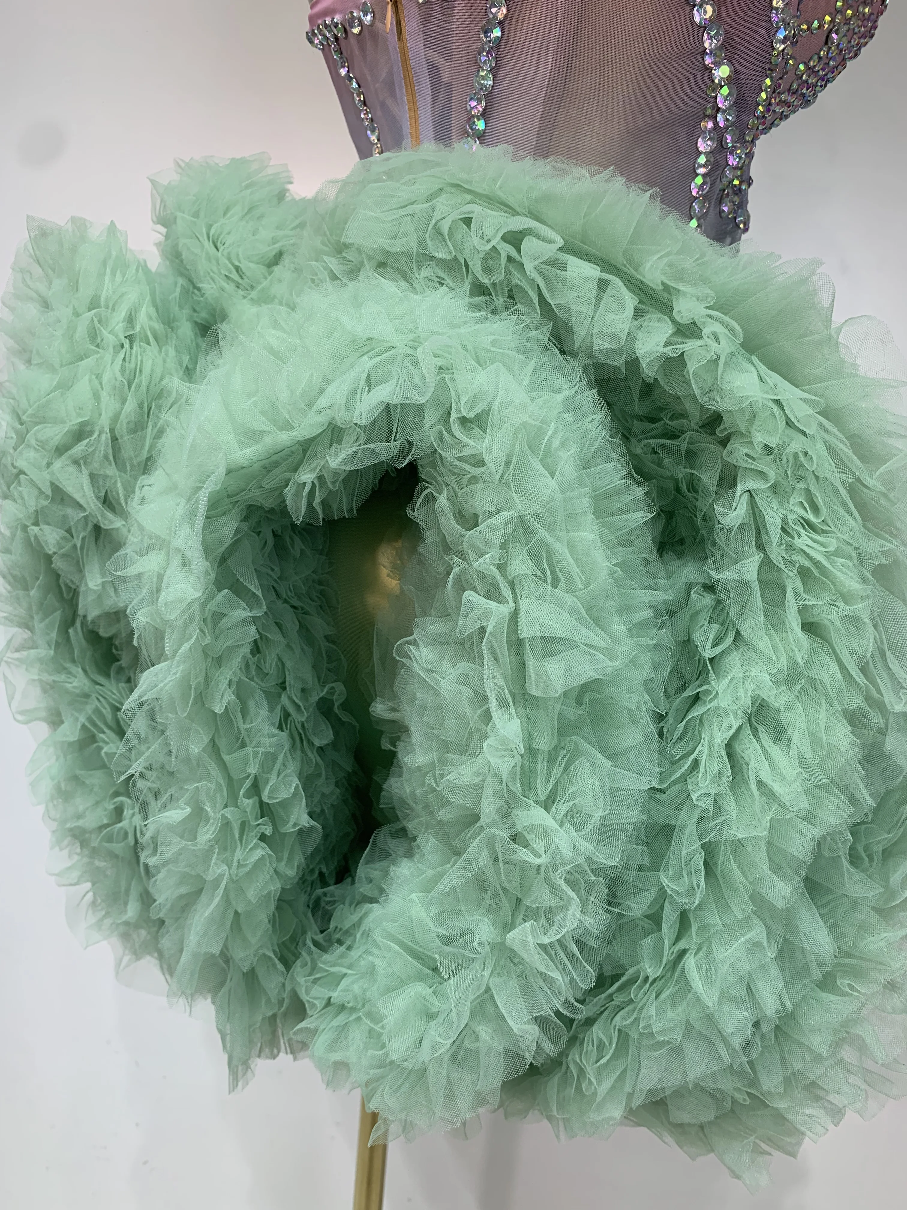 Women Sexy Strapless Backless Green Diamonds Mesh Dress Birthday Party Costume Bar Nightclub Singer Stage Performance Outfit