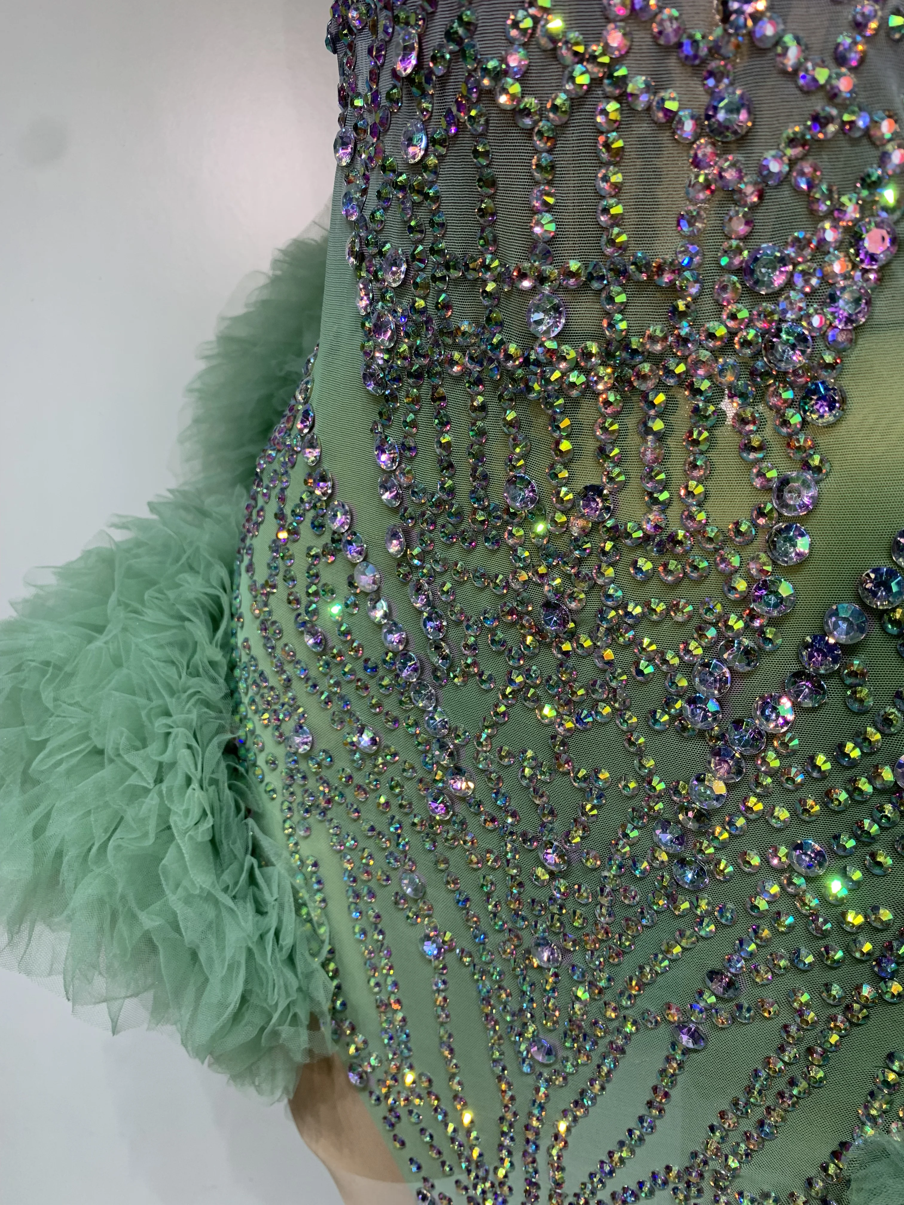 Women Sexy Strapless Backless Green Diamonds Mesh Dress Birthday Party Costume Bar Nightclub Singer Stage Performance Outfit