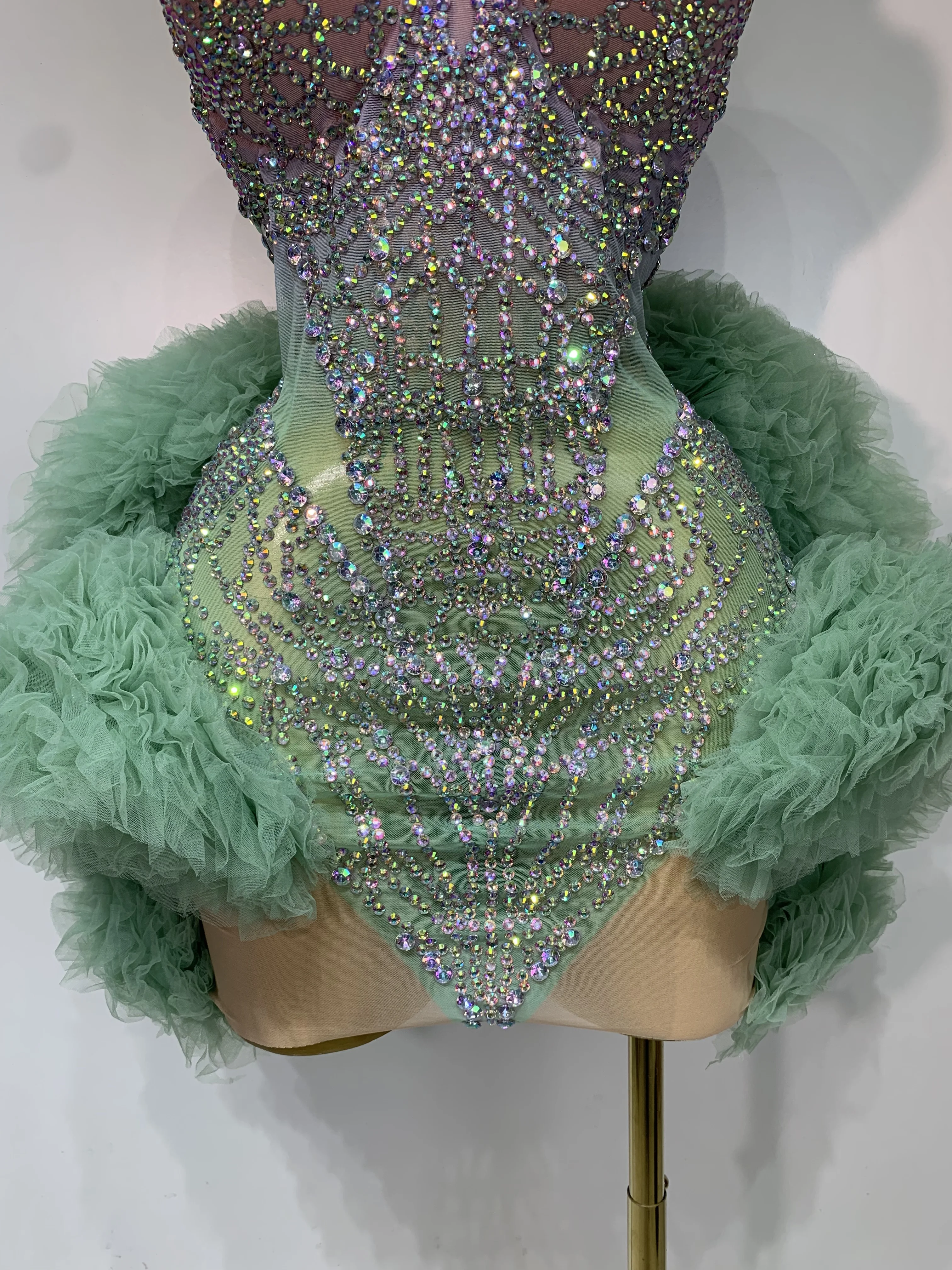 Women Sexy Strapless Backless Green Diamonds Mesh Dress Birthday Party Costume Bar Nightclub Singer Stage Performance Outfit