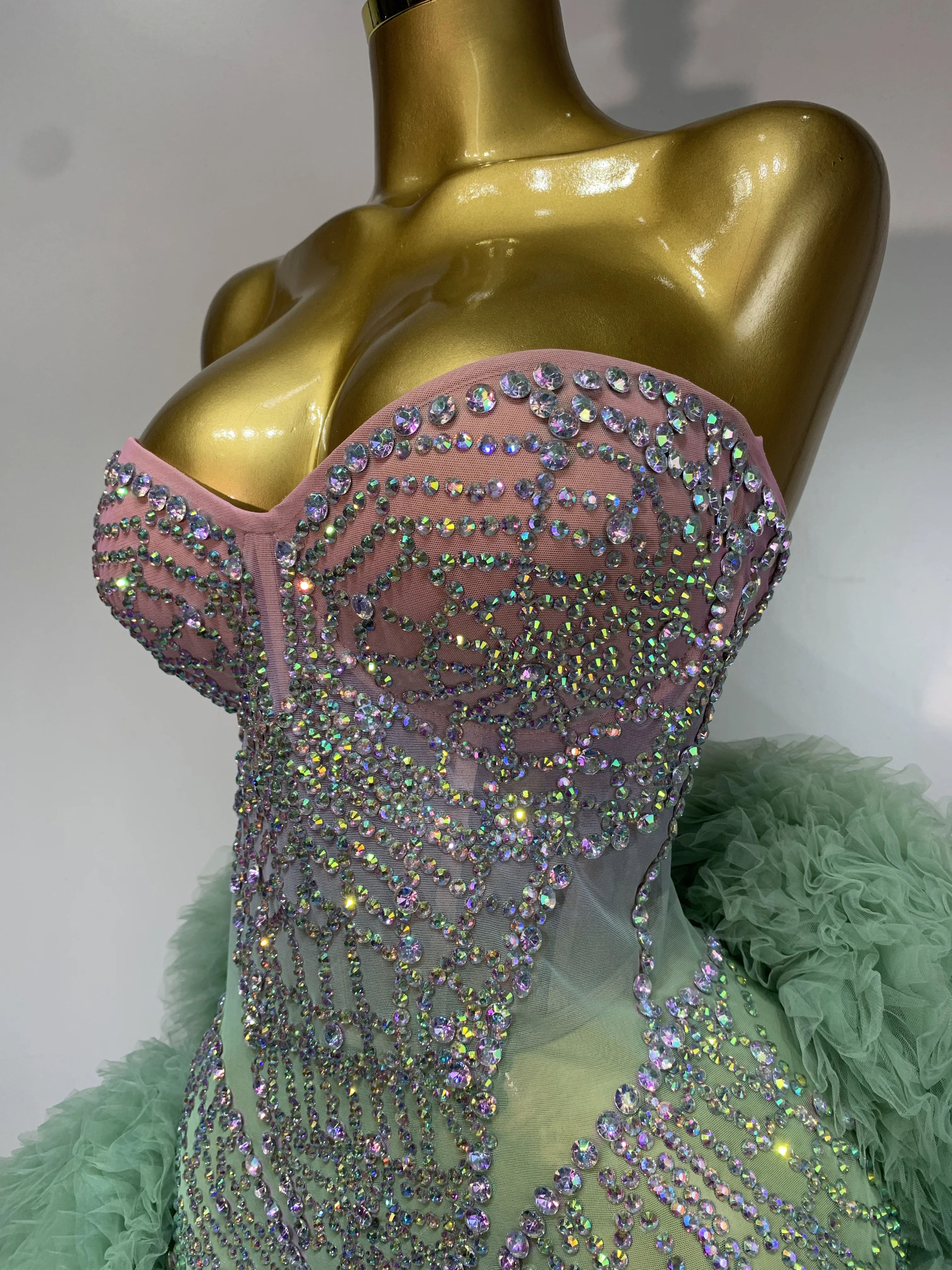 Women Sexy Strapless Backless Green Diamonds Mesh Dress Birthday Party Costume Bar Nightclub Singer Stage Performance Outfit