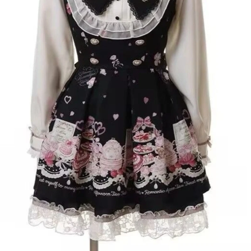 Japanese Kawaii Rhinestone Bow Dress Set Women Sweet Cute Lolita Style Lace Pearl Print Shirt Dresses Gothic Y2k Tea Party Dress